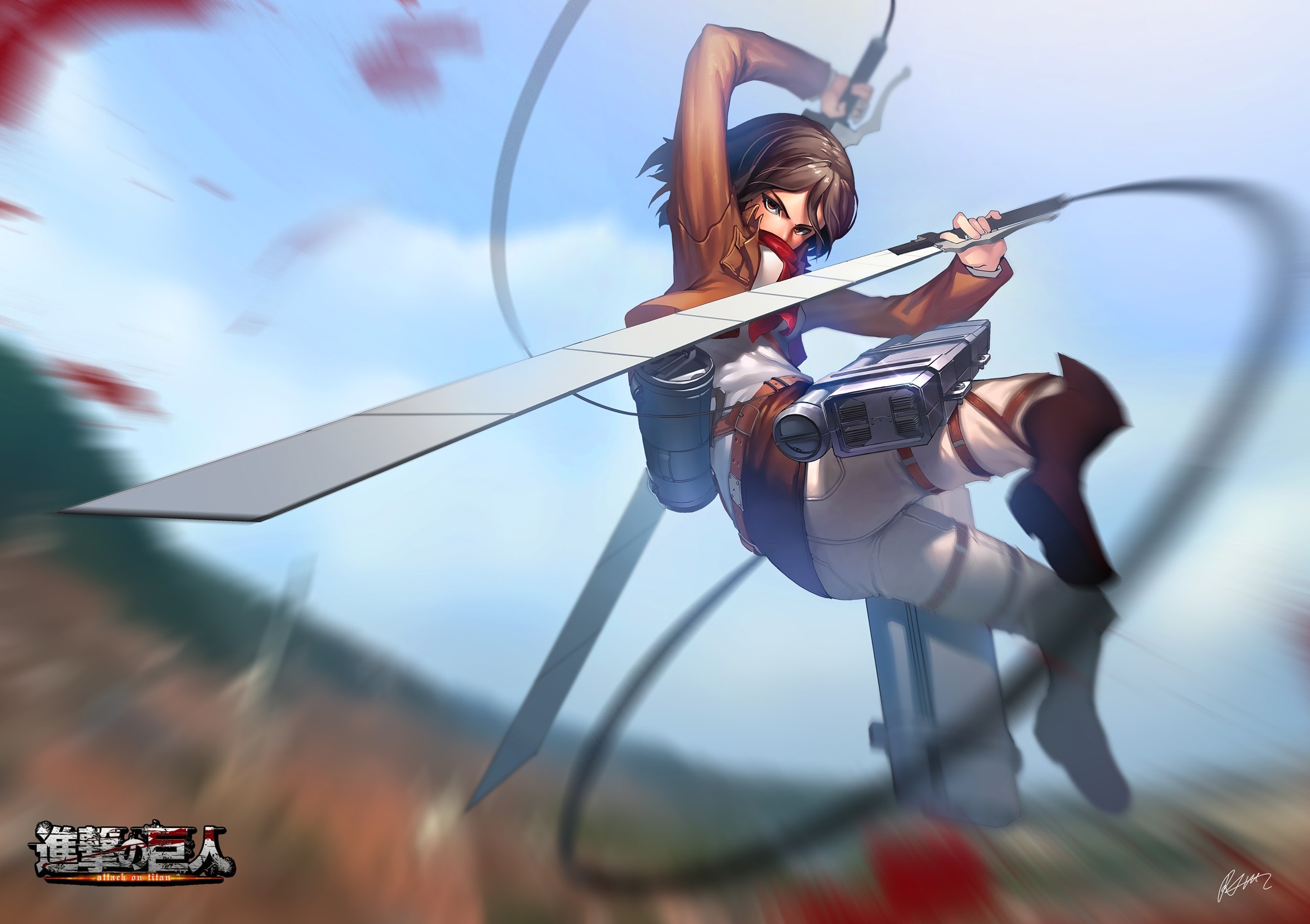Anime 2099x1481 Shingeki no Kyojin anime anime girls Mikasa Ackerman weapon women with swords sword brunette