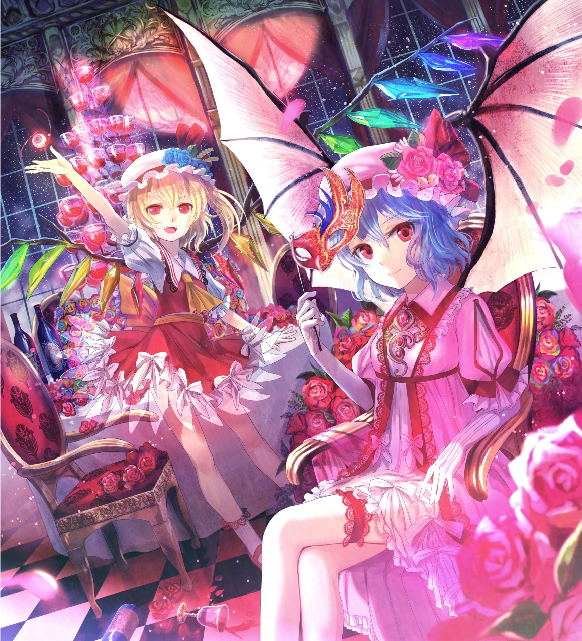 Anime 1158x1275 anime girls Fuji Choko Touhou Remilia Scarlet Flandre Scarlet wings blonde blue hair rose chair checkered gloves Moon hat mask jewelry ascot night stars window two women colorful