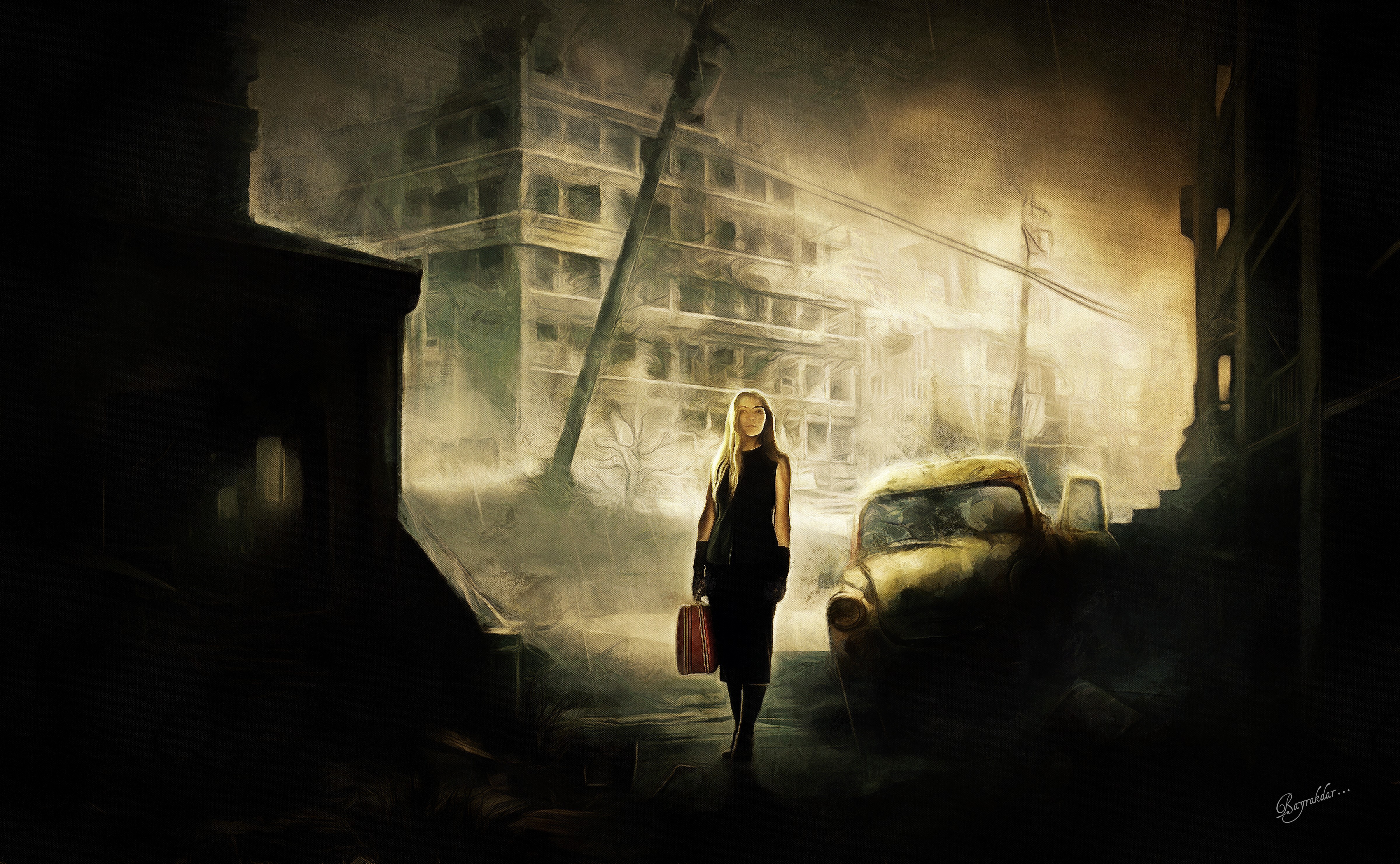 General 4800x2964 women apocalyptic artwork ruins car wreck black dress suitcase blonde