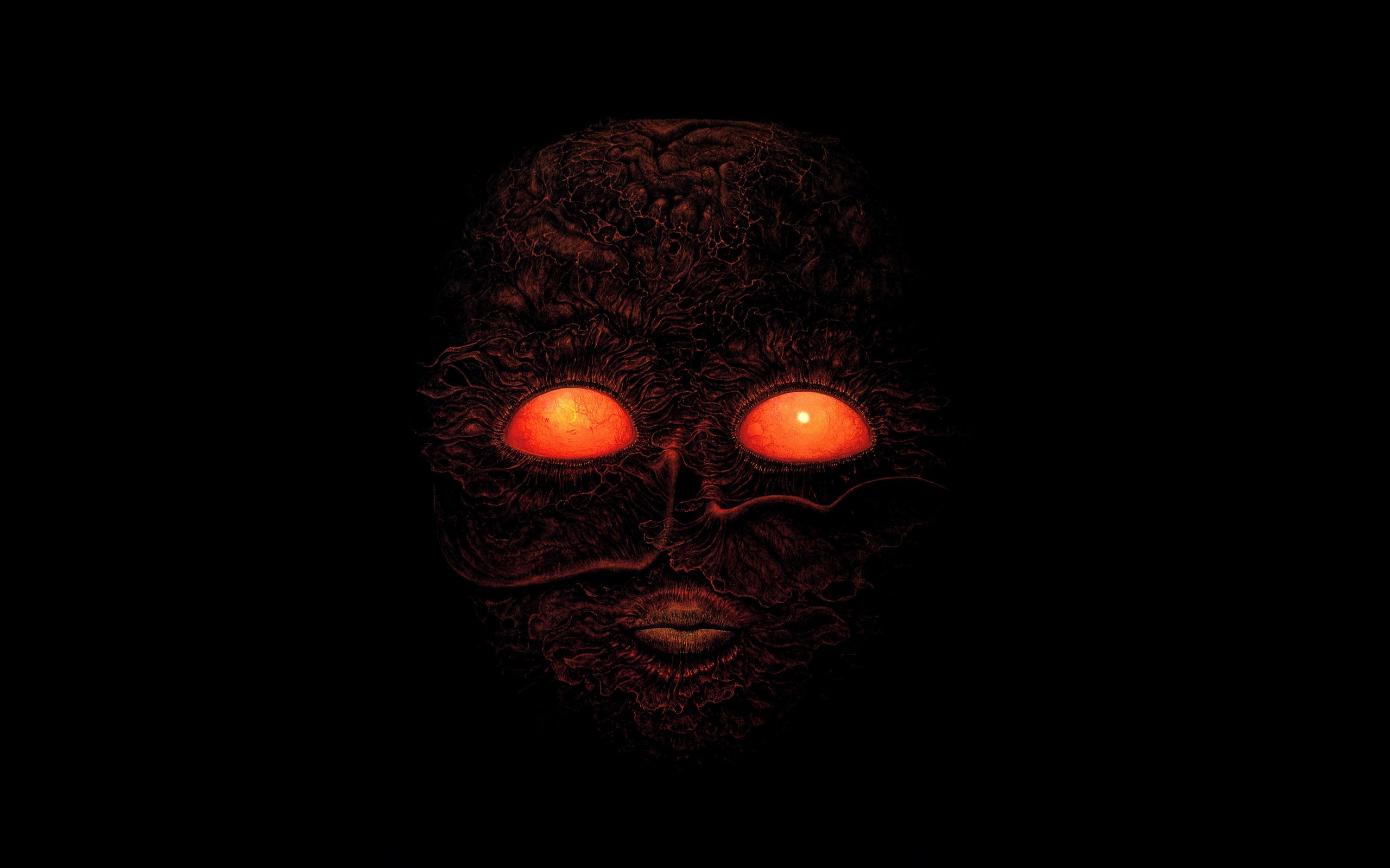 General 2560x1600 minimalism black Zdzisław Beksiński face orange eyes glowing eyes simple background black background