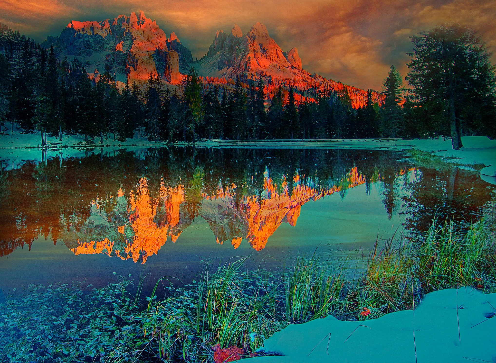 General 2036x1492 sunset nature landscape lake mountains forest reflection snow clouds winter snowy peak