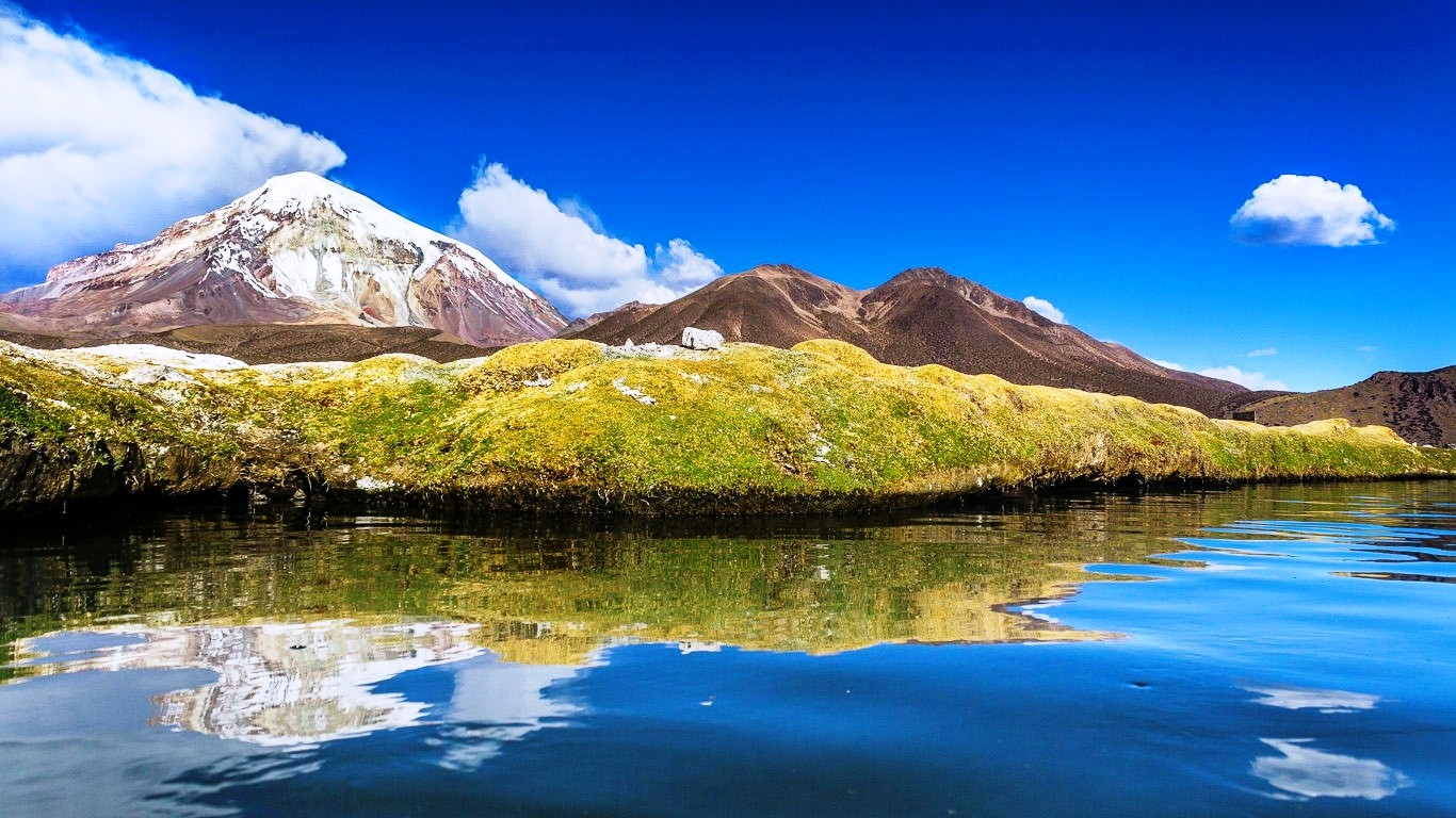 General 1366x768 Bolivia lake mountains water clouds snowy peak nature landscape reflection South America