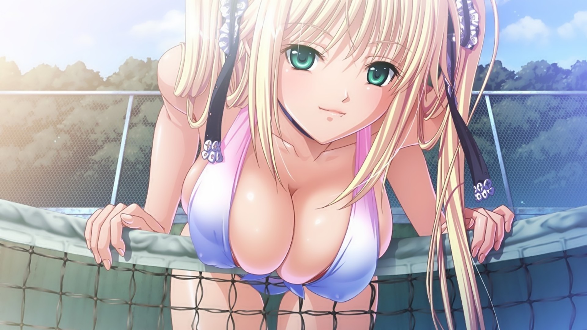 Anime 1920x1080 anime anime girls blonde green eyes boobs big boobs long hair bikini cleavage huge breasts bent over looking at viewer Q-Gaku