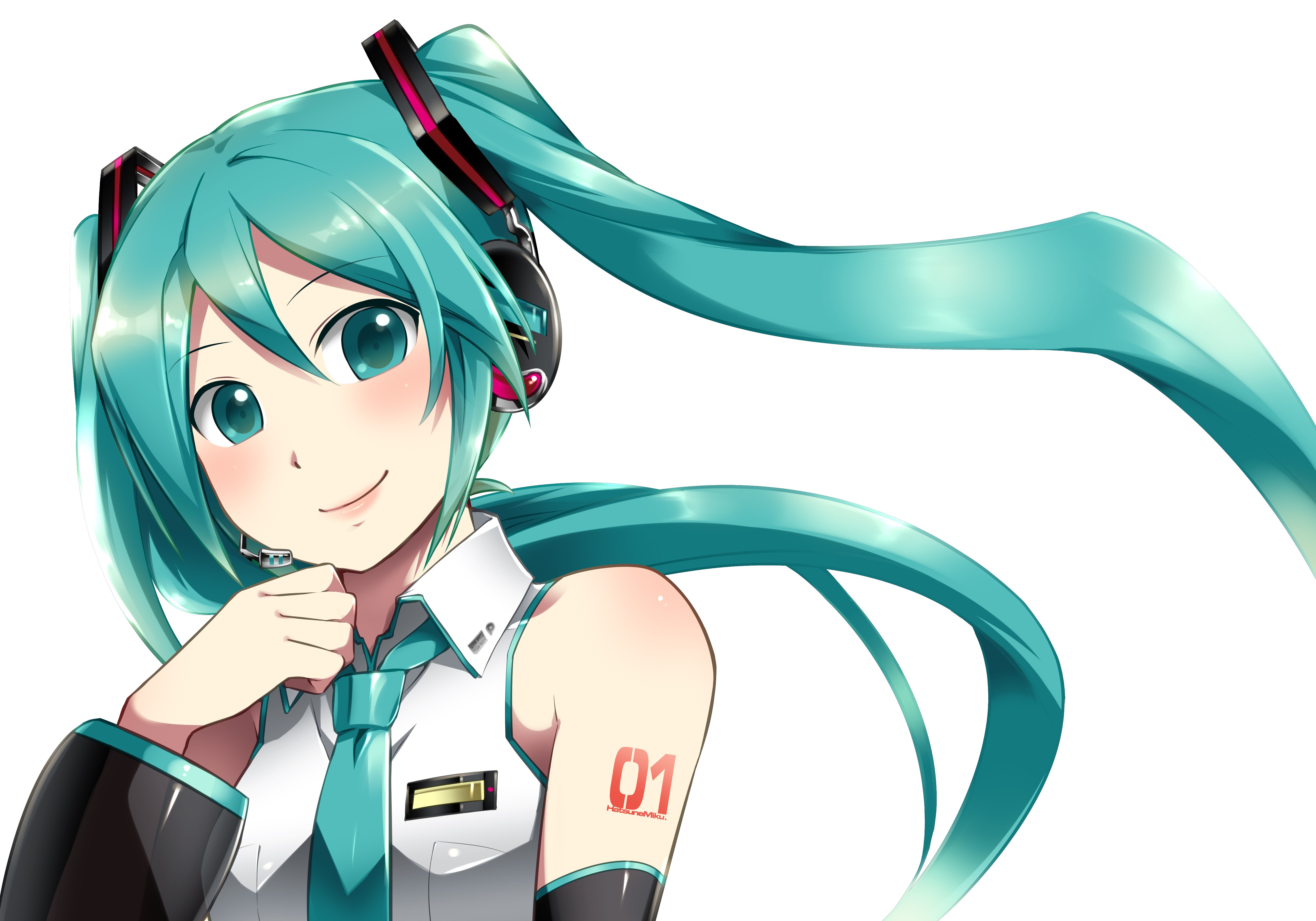 Anime 5180x3624 anime anime girls Vocaloid long hair simple background Hatsune Miku white background cyan hair aqua eyes smiling headphones tie looking at viewer