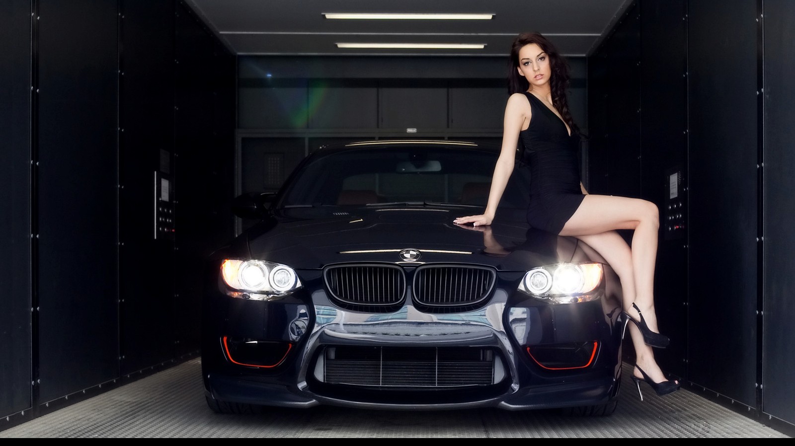 People 1600x898 BMW car BMW M3  women brunette black dress BMW 3 Series BMW E92 women with cars vehicle legs heels black cars looking at viewer model