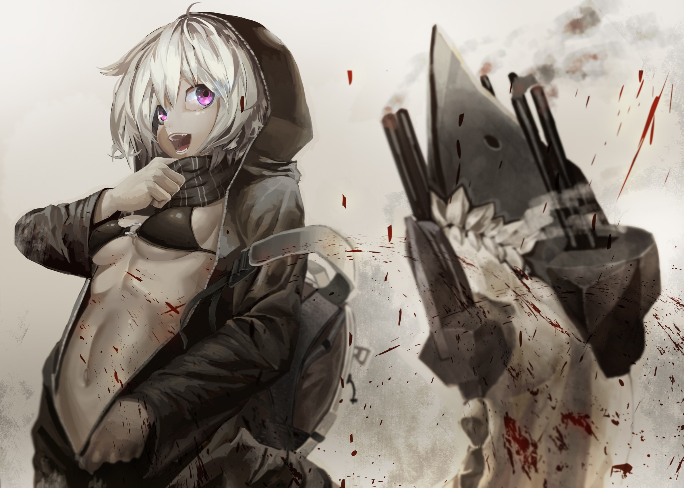 Anime 2382x1700 anime Re-Class Battleship purple eyes anime girls underboob Kantai Collection open clothes boobs belly blood blood spatter hoods bra