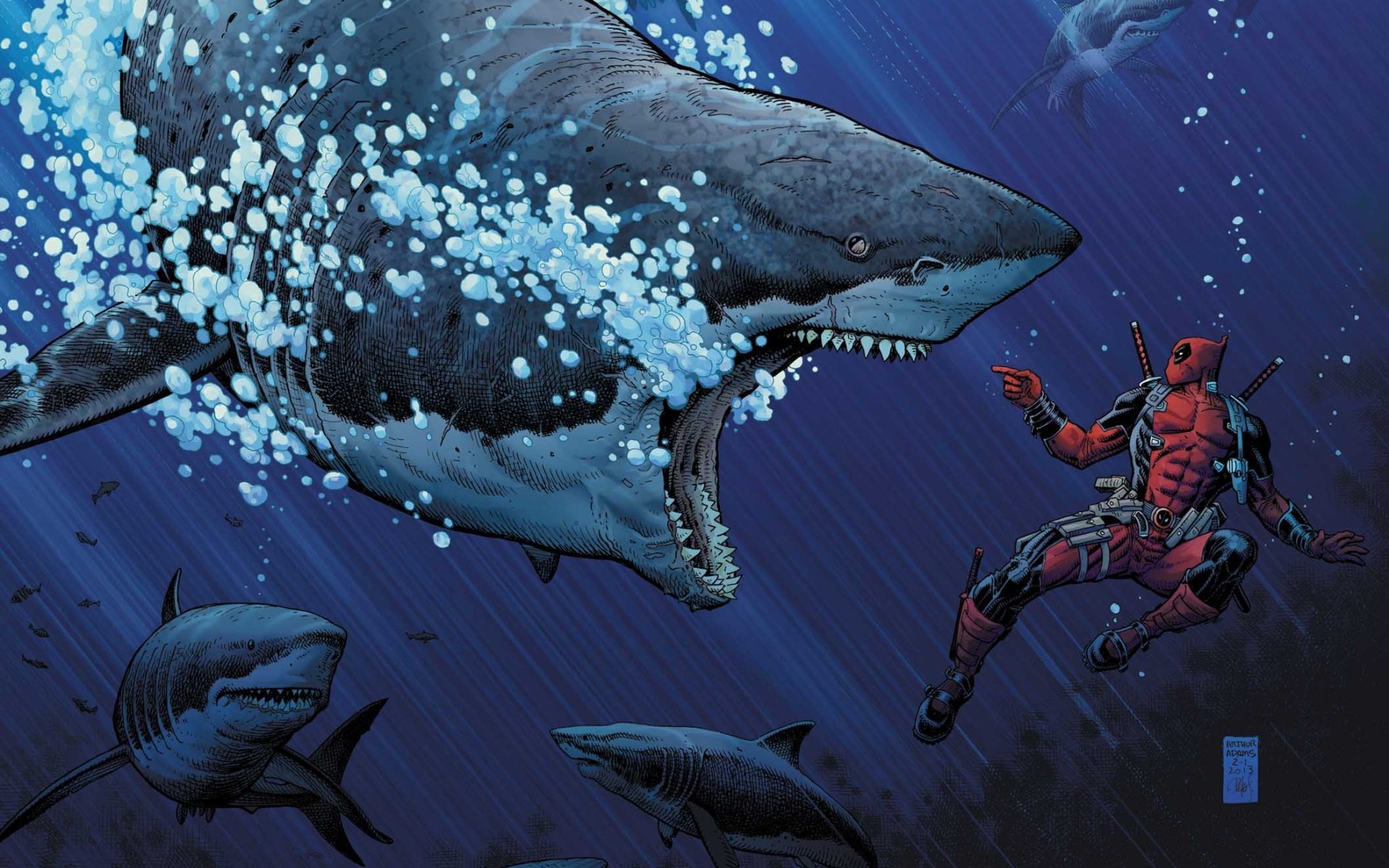 General 1920x1200 Deadpool shark Marvel Comics fish antiheroes underwater Wade Wilson animals digital art watermarked