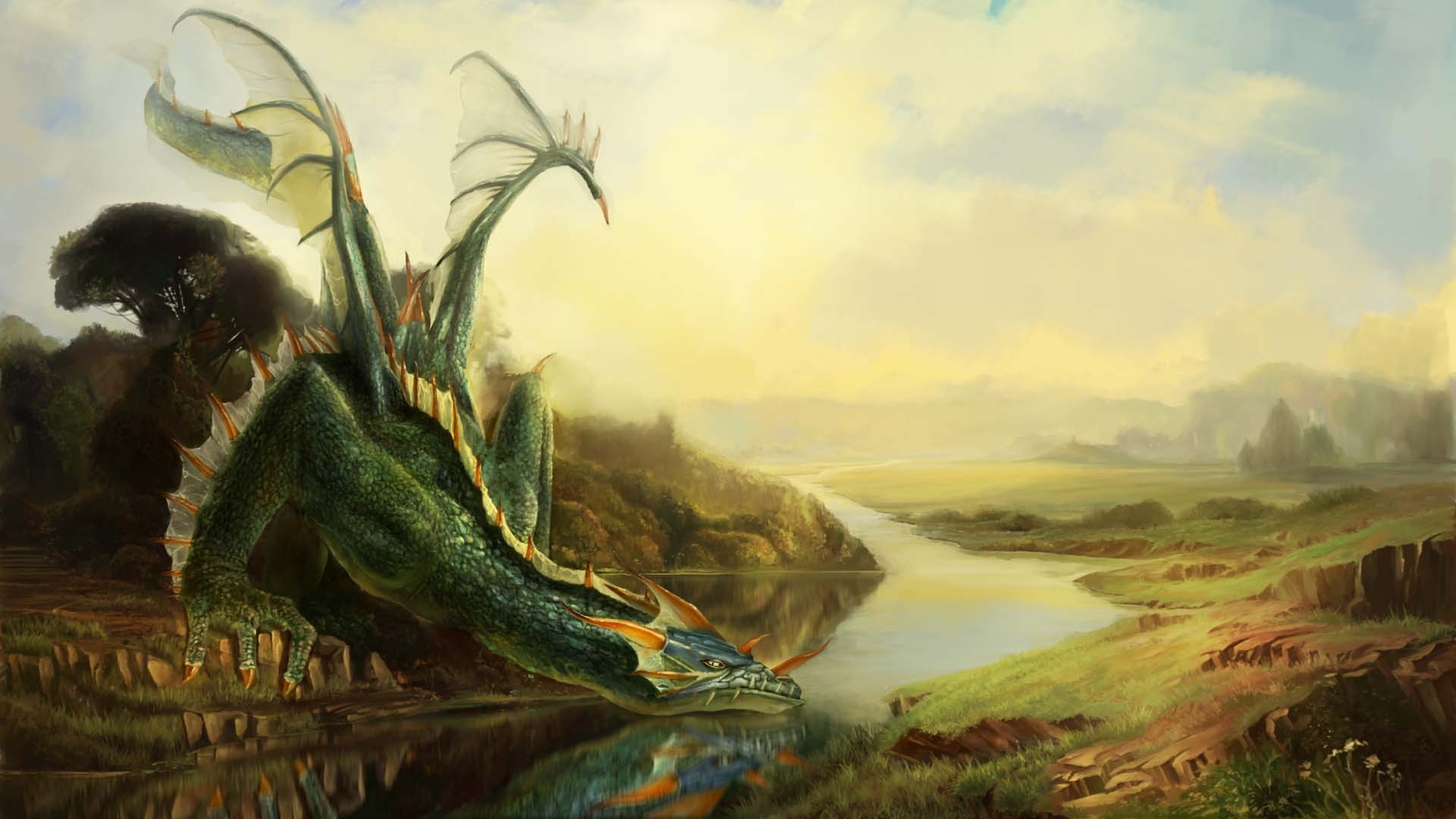 General 1920x1080 digital art fantasy art dragon nature river rocks trees grass wings clouds creature