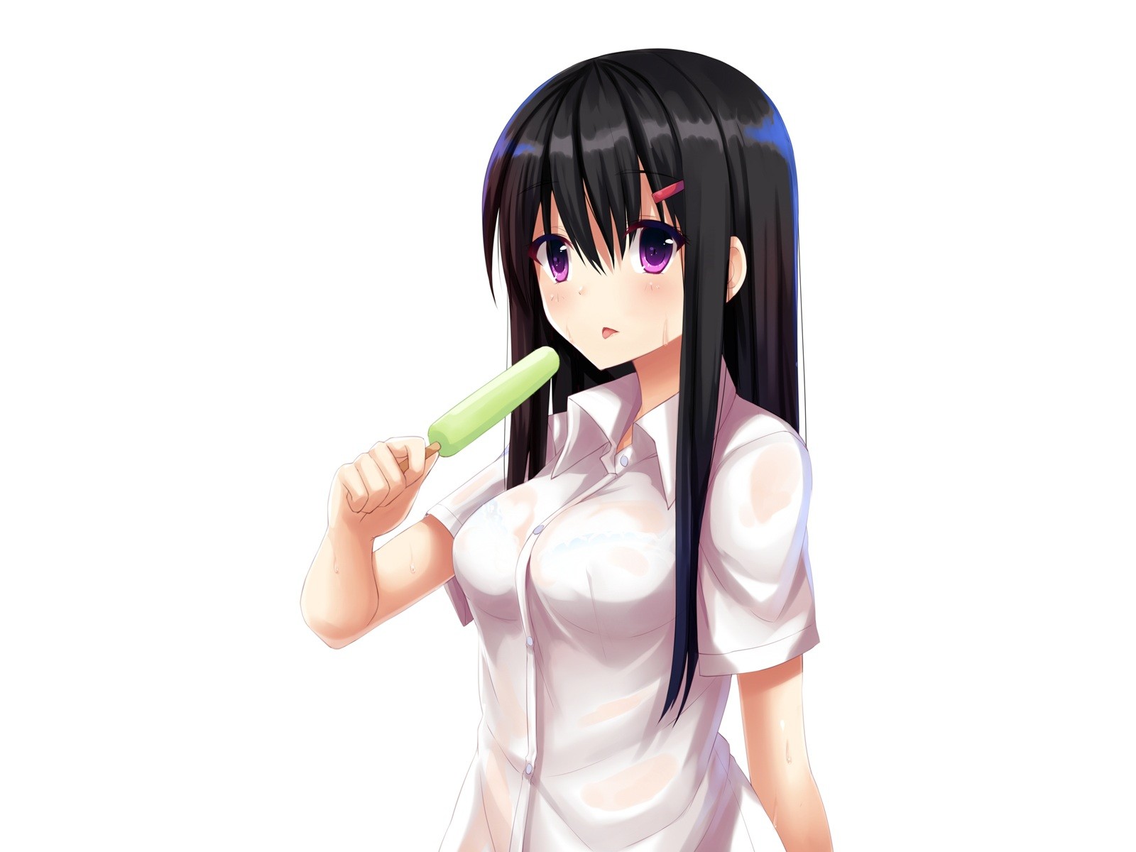 Anime 1600x1200 original characters ice cream food popsicle sweets anime white background simple background long hair purple eyes black hair anime girls