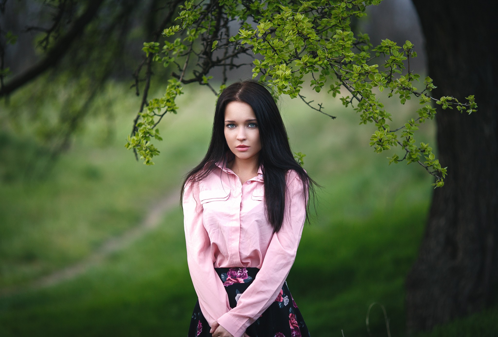 People 2048x1388 depth of field black hair photography women model long hair women outdoors nature trees looking at viewer dark hair Denis Petrov skirt leaves Angelina Petrova pink shirt 500px plants twigs standing straight hair
