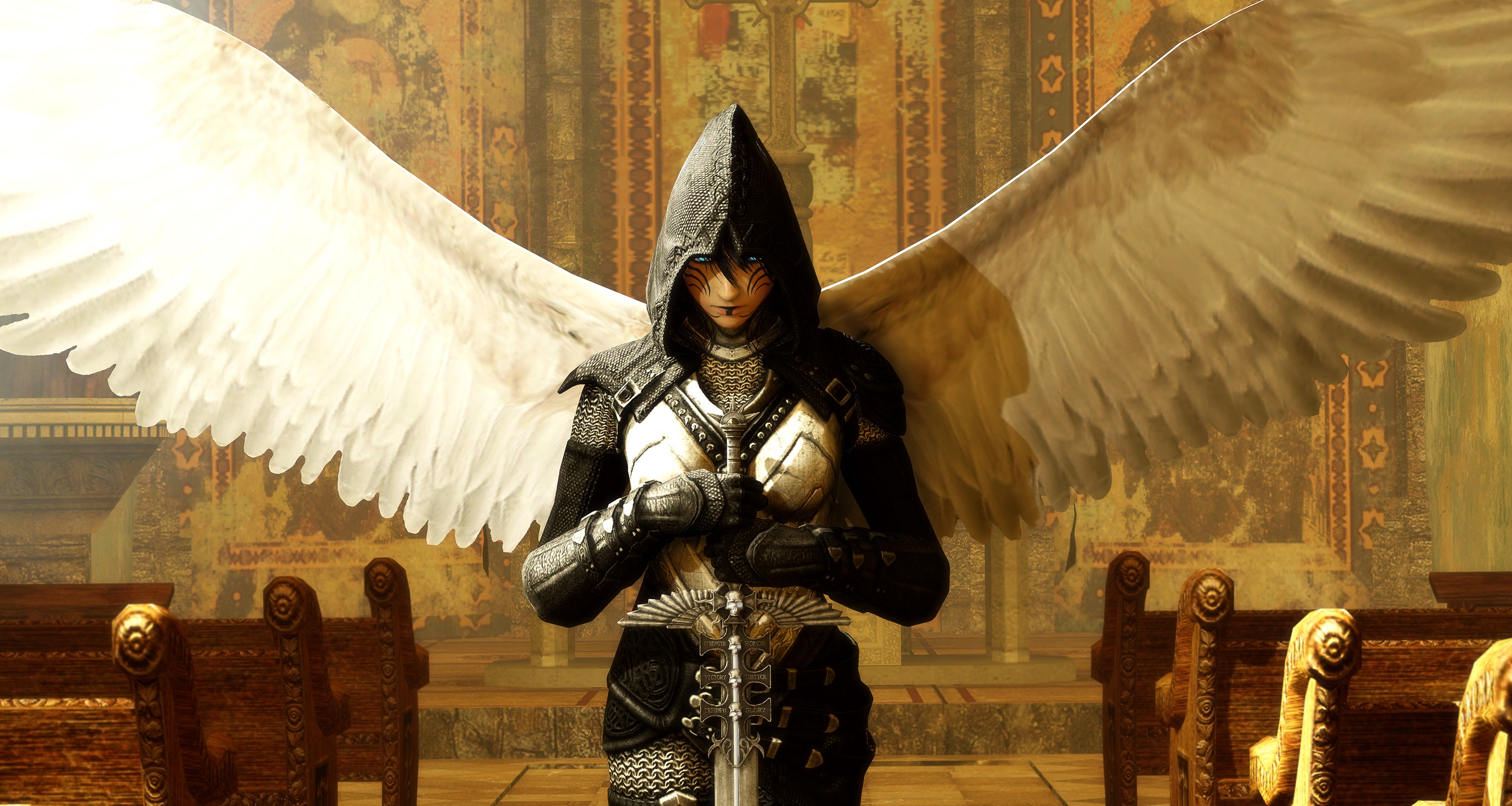 General 3000x1600 fantasy art sword armor wings hoods church RPG video games PC gaming fantasy girl