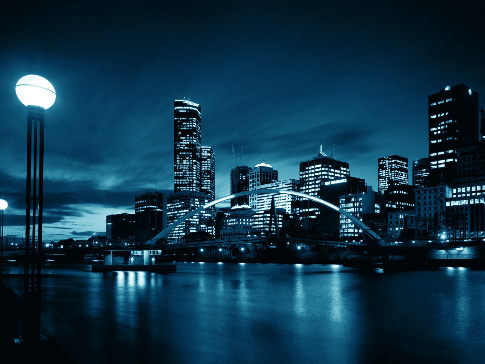 General 1600x1200 town lights blue water river reflection Melbourne cityscape lantern Australia cyan