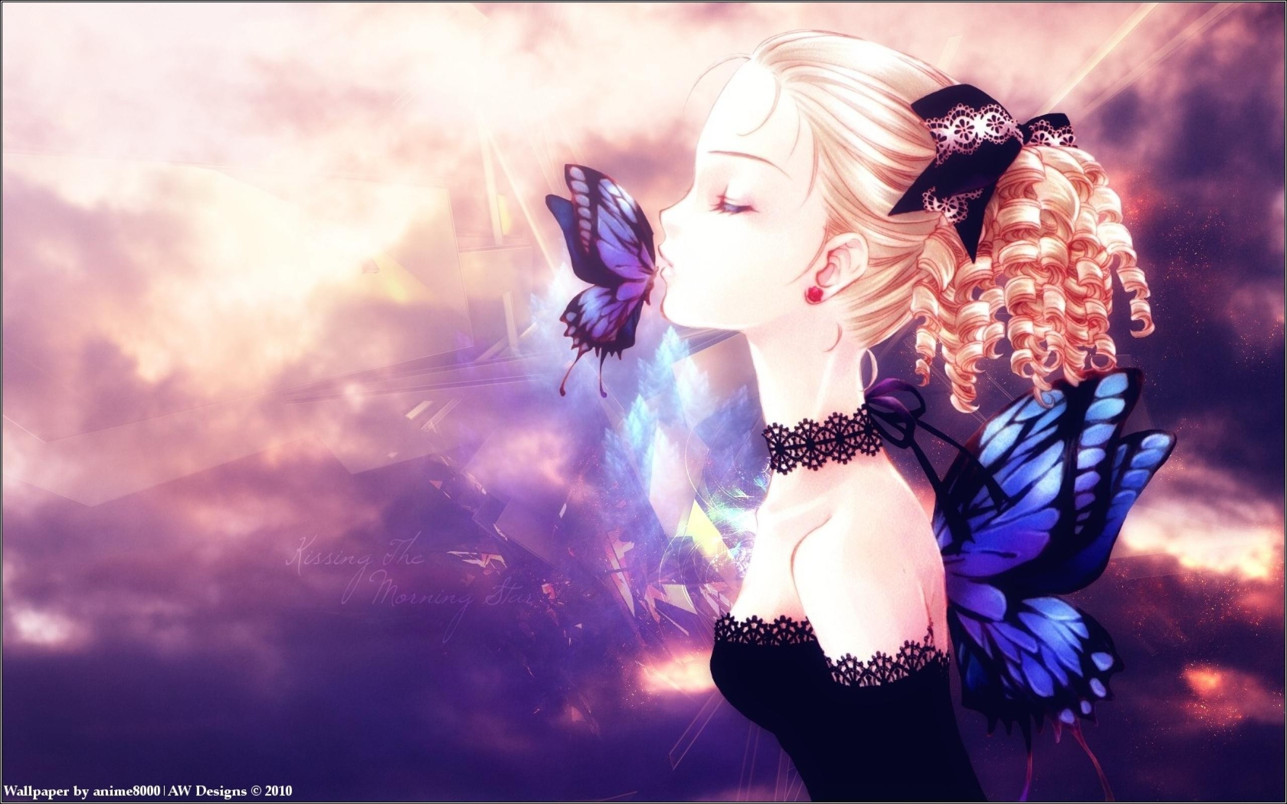 Anime 2560x1600 anime girls anime original characters closed eyes butterfly wings 2010 (Year) women face profile animals insect dress choker earring fantasy art fantasy girl
