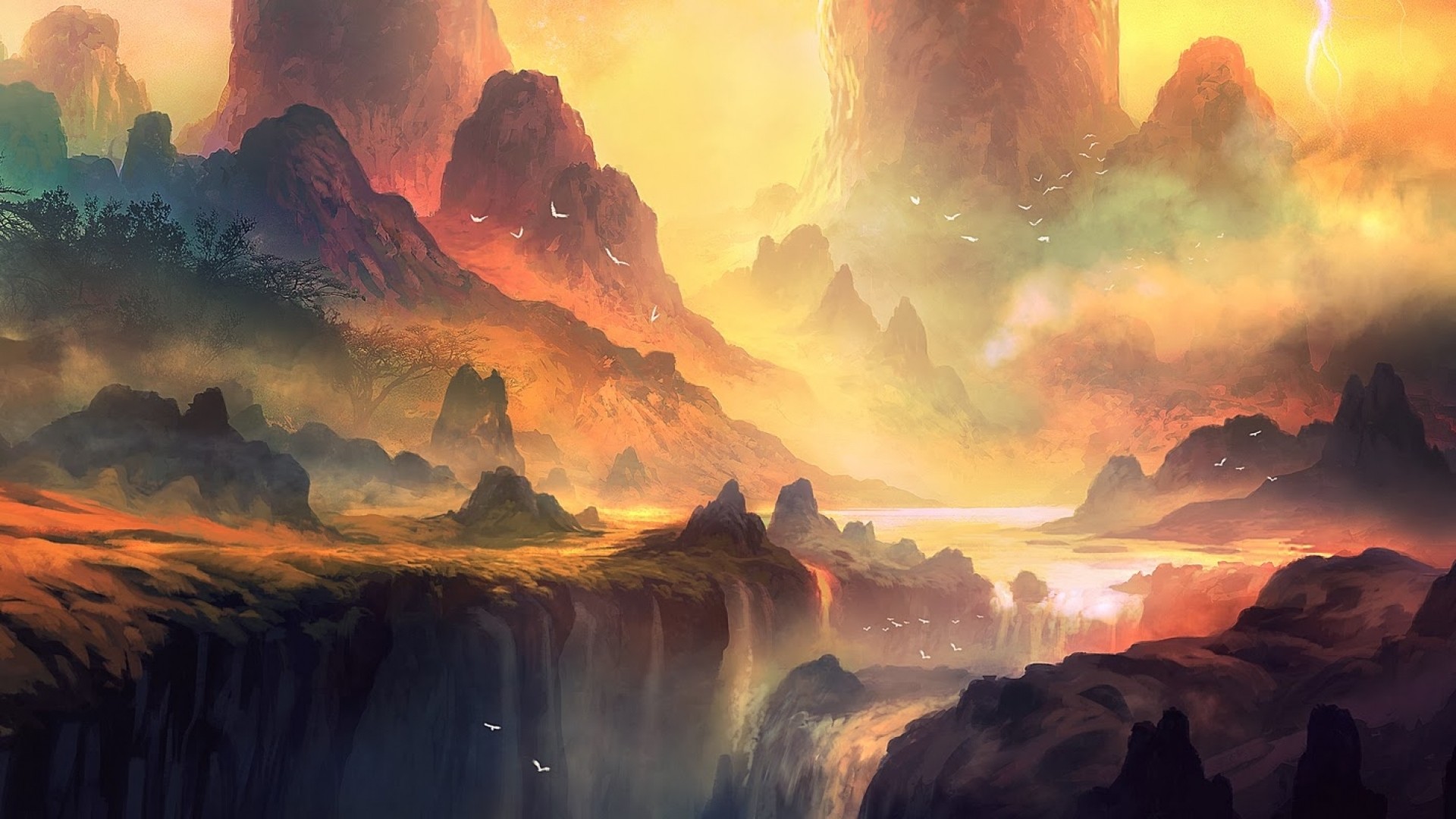 General 1920x1080 artwork fantasy art waterfall mountains landscape forest colorful sunlight mist