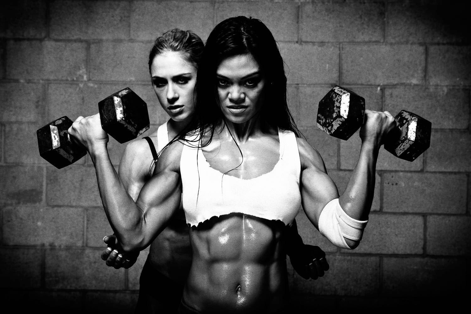 People 1500x1000 women muscles sport monochrome biceps exercise working out two women muscular dumbbells looking at viewer belly abs