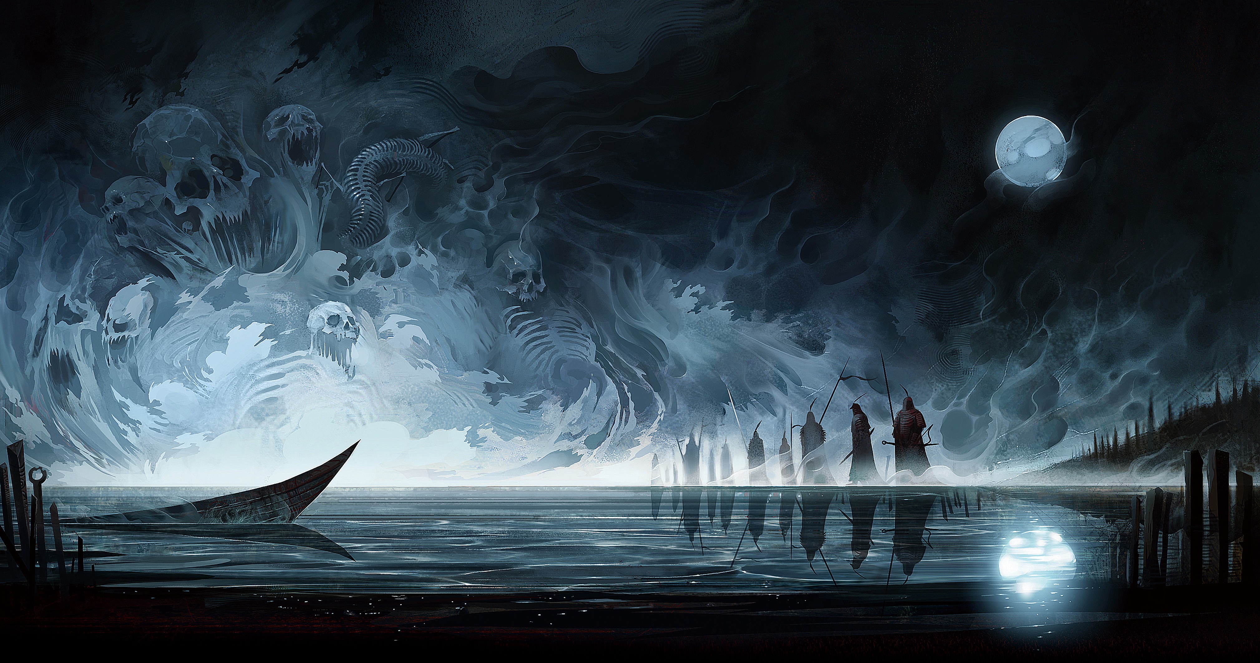 General 4039x2126 fantasy art artwork skull night water boat vehicle dark Moon spooky digital art