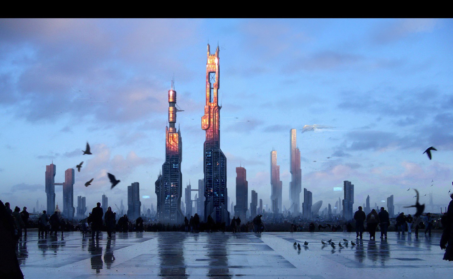 General 1440x888 futuristic city digital art cityscape people birds