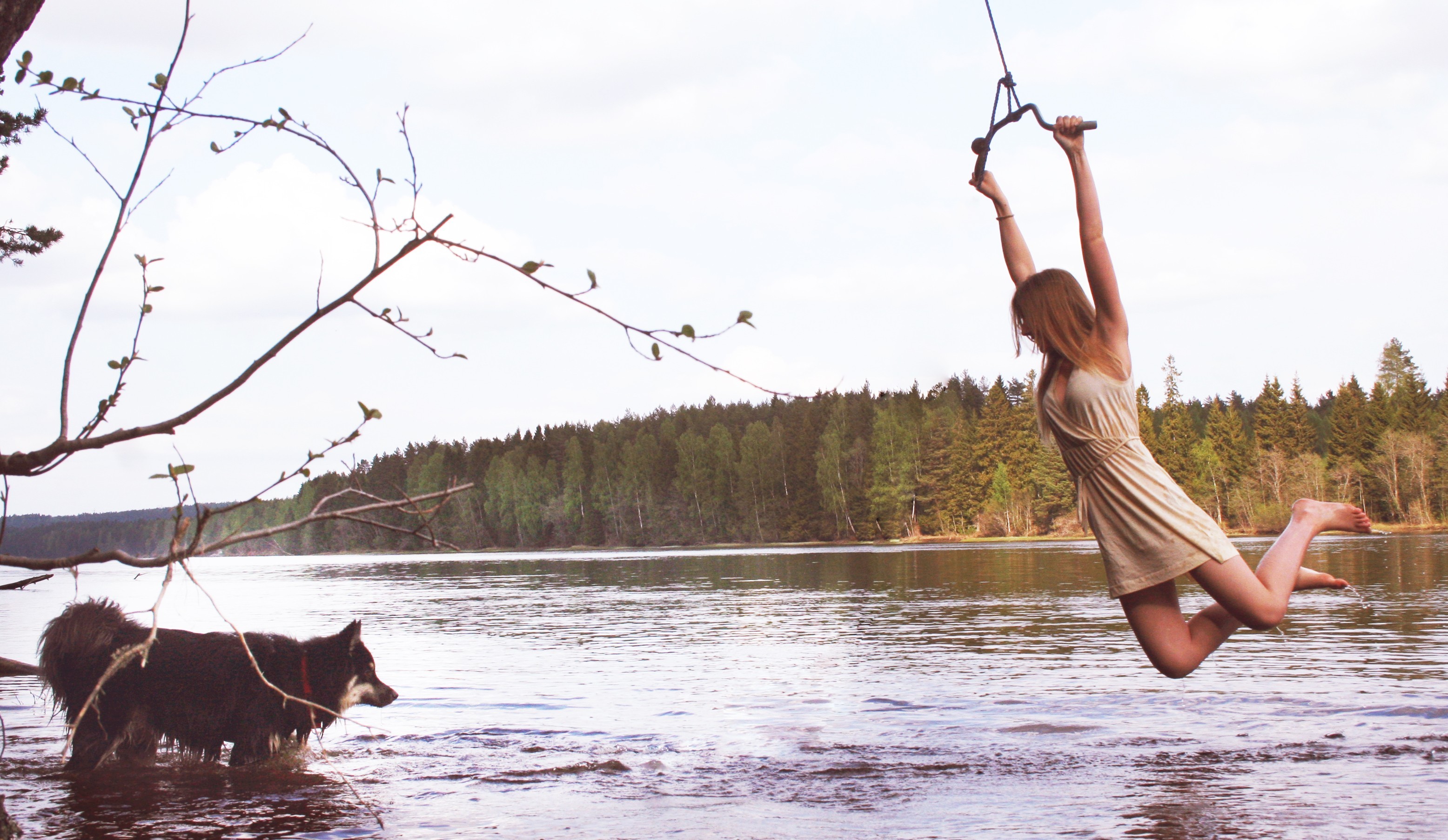 People 3112x1806 women swings water dog animals women outdoors legs barefoot model lake