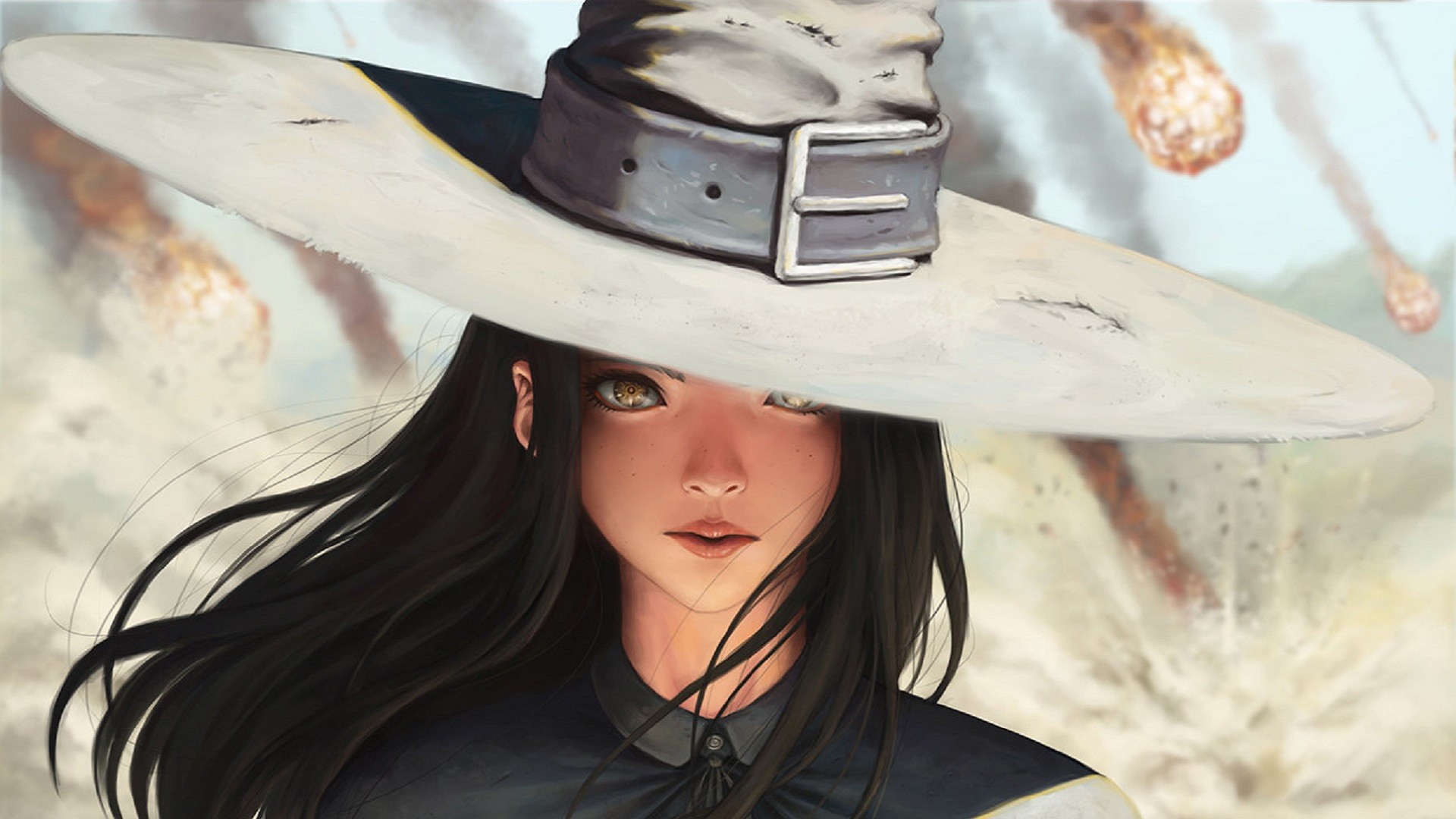 Anime 1920x1080 black hair white clothing hat artwork anime anime girls face women with hats yellow eyes long hair women looking at viewer red lipstick