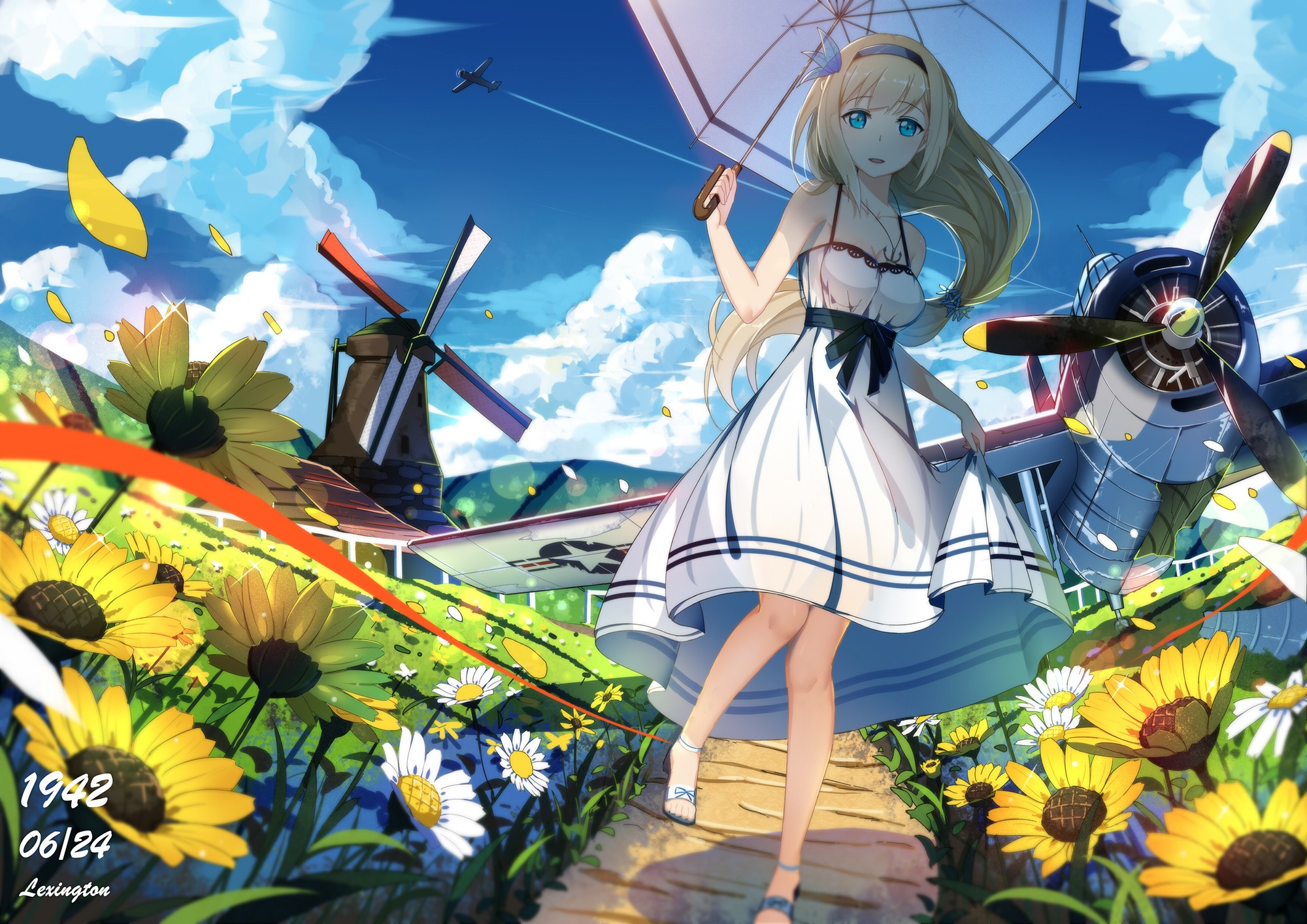 Anime 2000x1414 anime girls umbrella flowers anime dress blonde vehicle aircraft windmill yellow flowers blue eyes