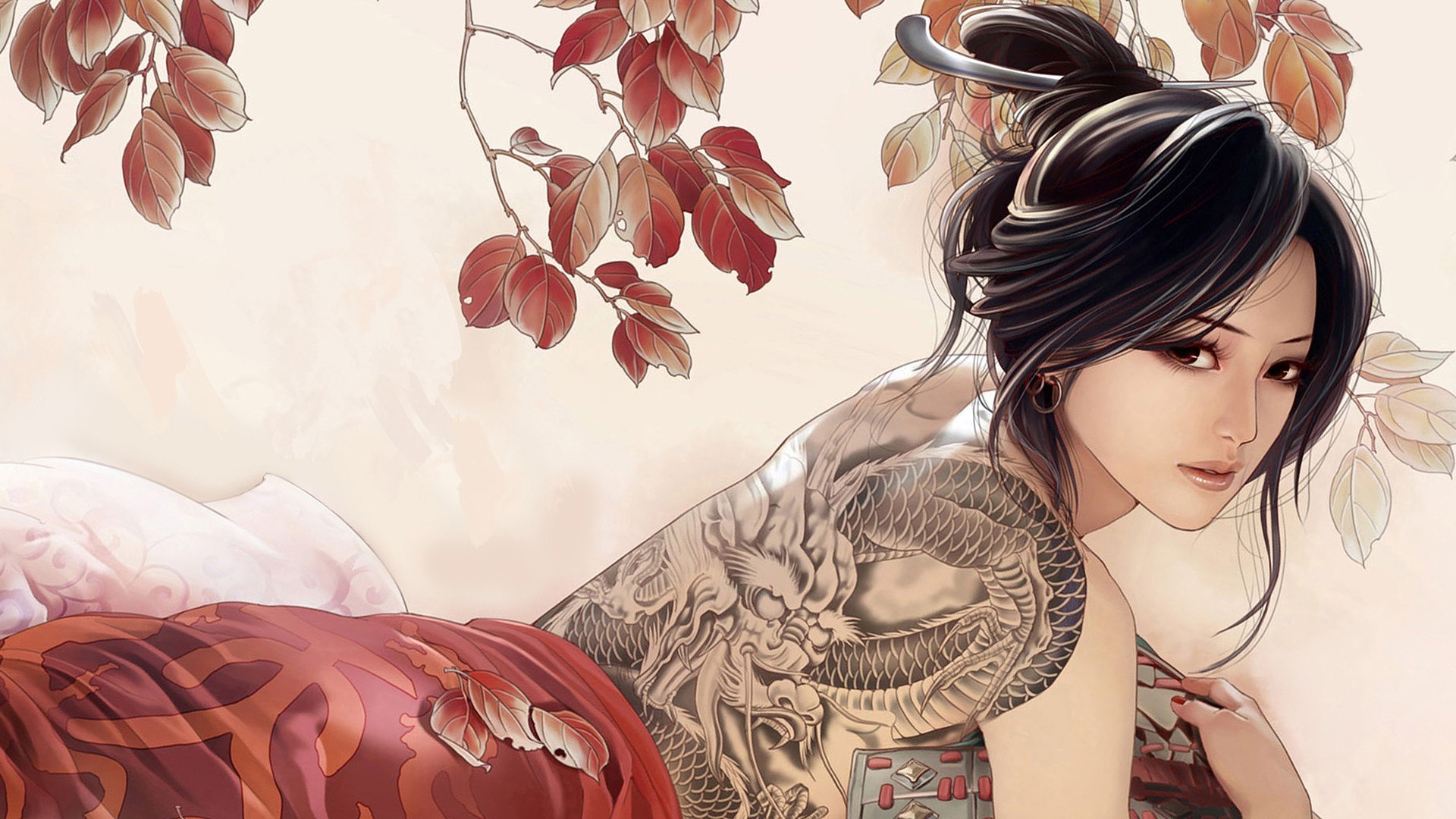 Anime 1920x1080 Asian drawing women inked girls simple background black hair looking at viewer fantasy art fantasy girl leaves twigs