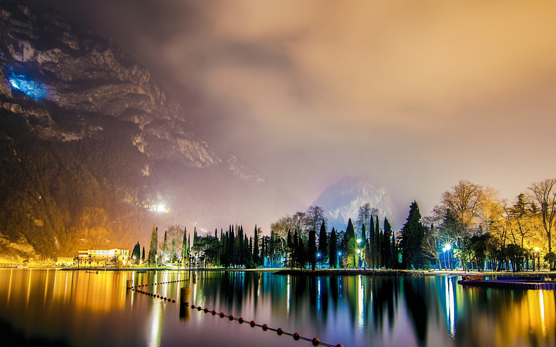 General 1920x1200 landscape nature city lights mist mountains lake Italy reflection night trees water
