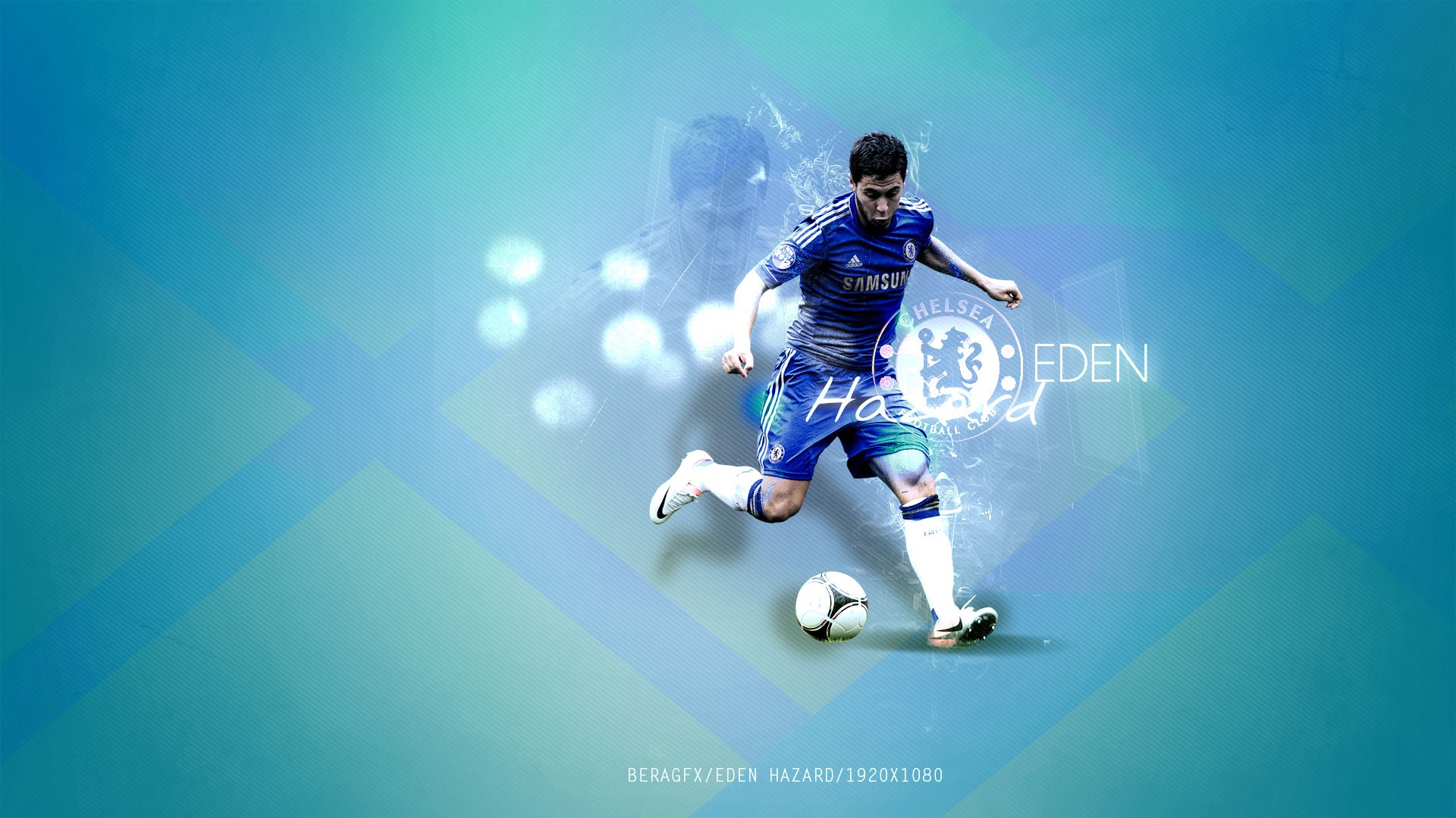 People 1920x1080 Chelsea FC digital art sport soccer men Eden Hazard Belgium cyan blue background