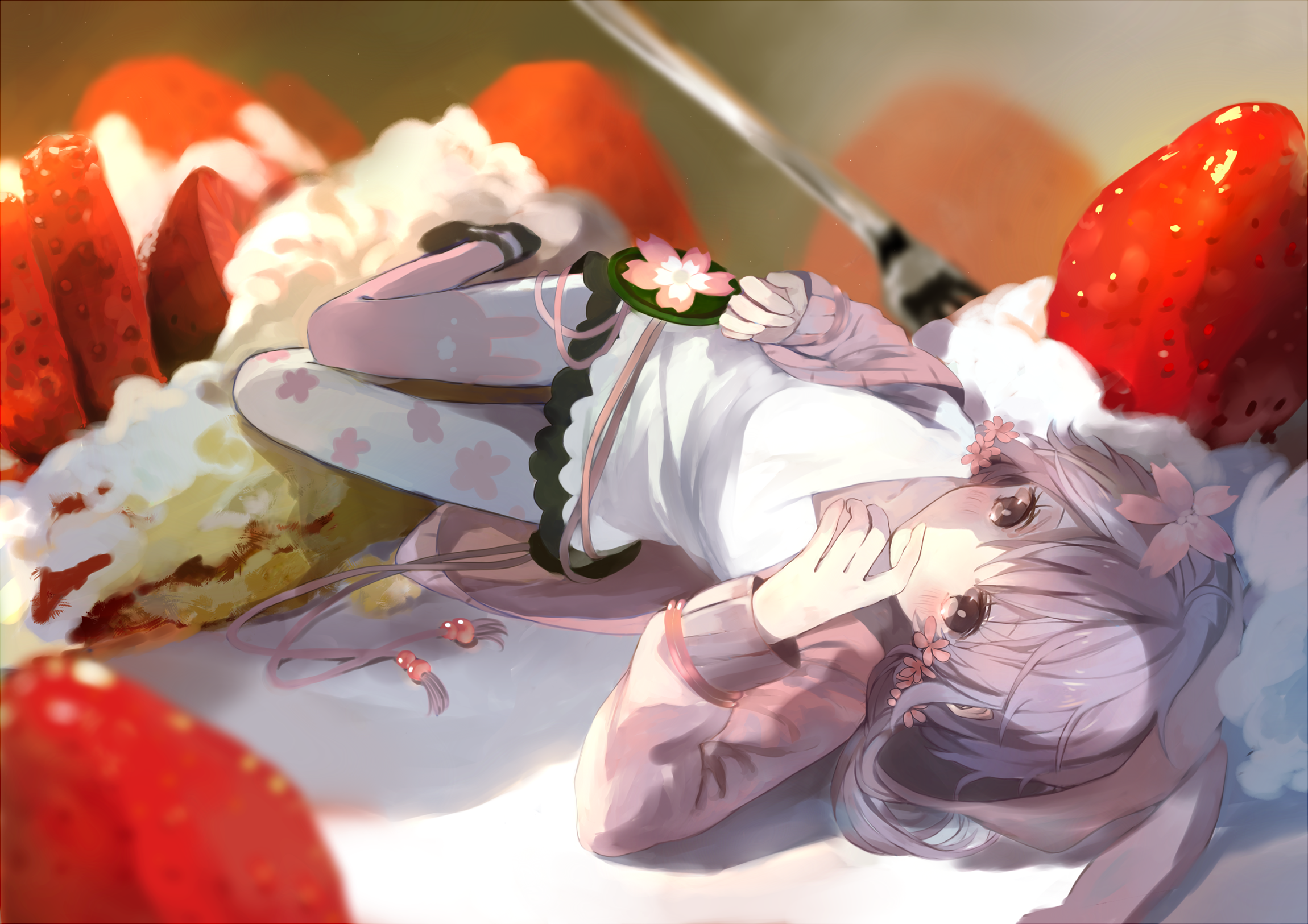 Anime 2300x1625 Yuzuki Yukari Vocaloid anime girls anime colorful flower in hair knees together lying down food fruit strawberries
