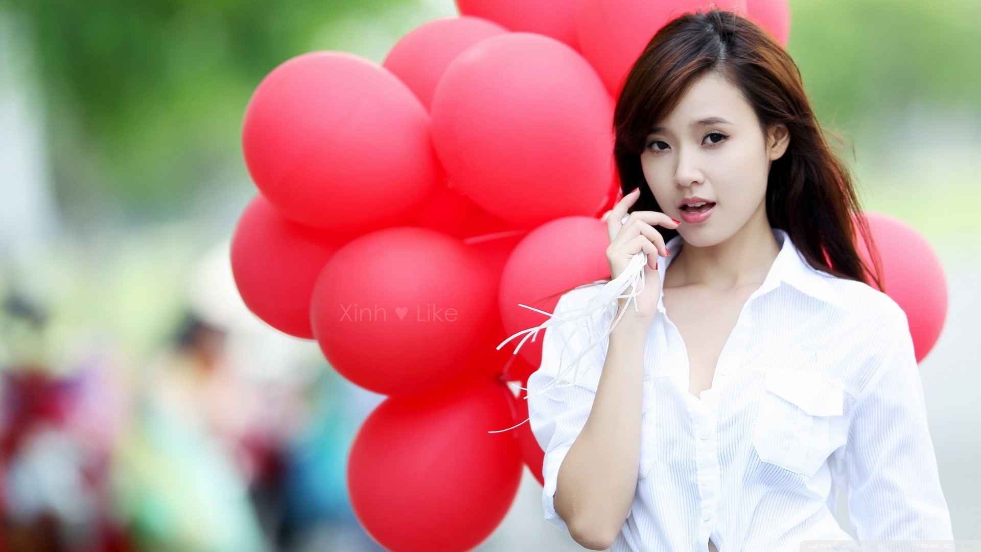 People 1920x1080 Asian long hair white shirt open mouth women brown eyes looking away balloon pale urban women outdoors outdoors model red nails painted nails