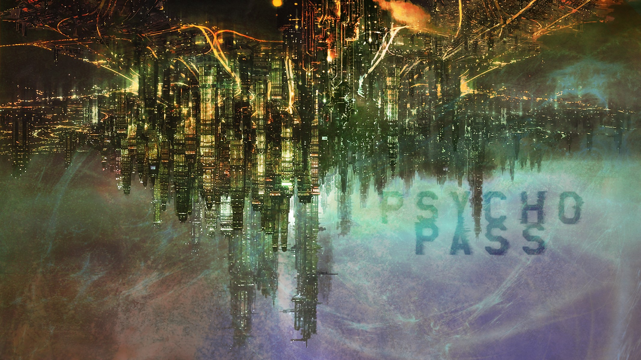 Anime 2133x1200 Psycho-Pass anime cityscape upside down city lights