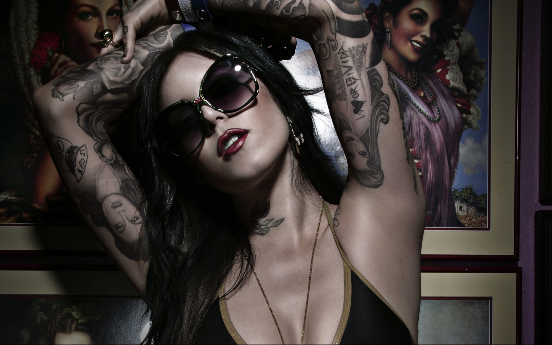 People 1920x1200 Kat Von D American women American Model women model tattoo inked girls women indoors arms up dark hair sunglasses women with shades parted lips red lipstick juicy lips armpits makeup