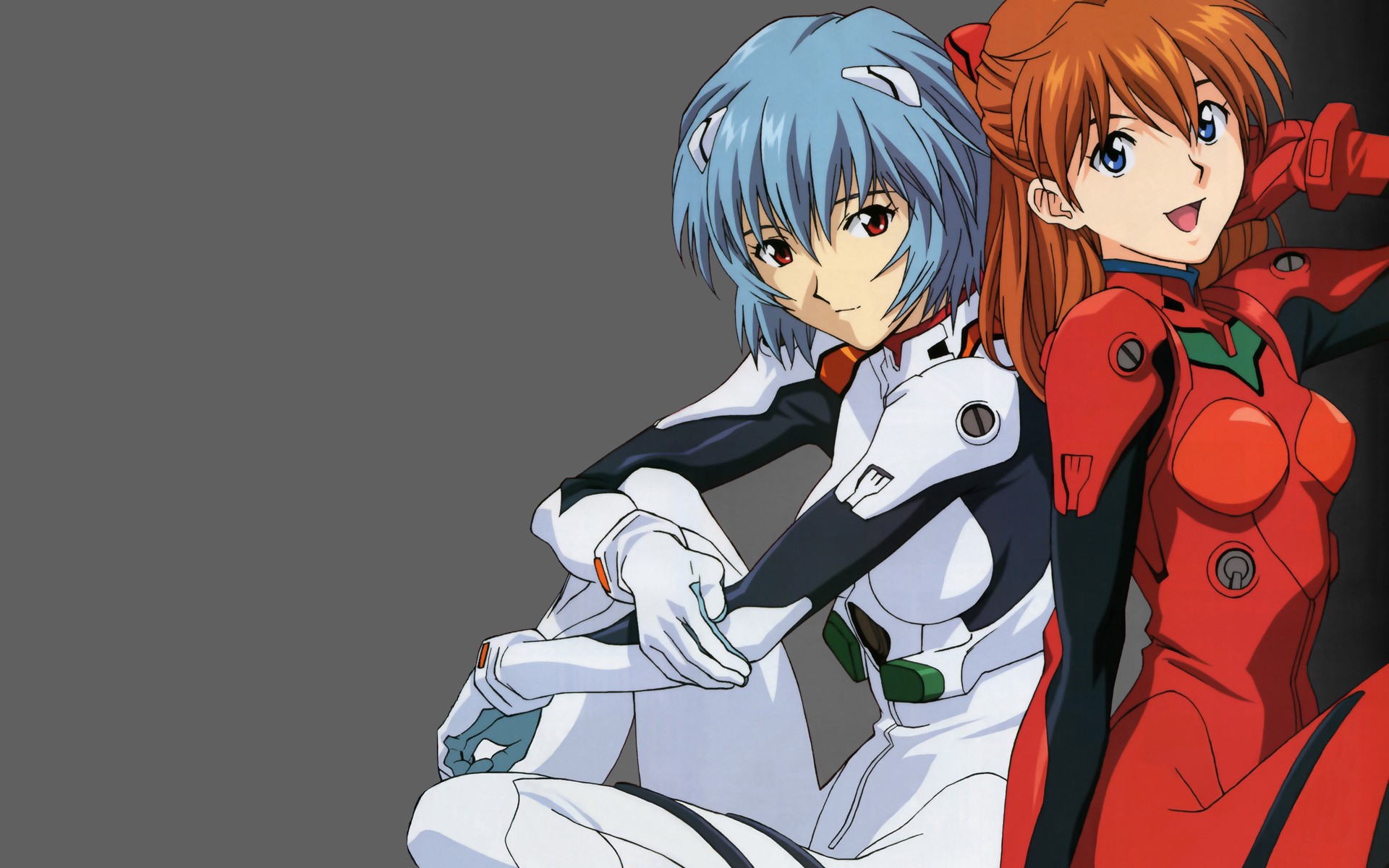 Anime 1920x1200 Asuka Langley Soryu Ayanami Rei anime girls anime blue hair open mouth red eyes gray background simple background looking at viewer two women