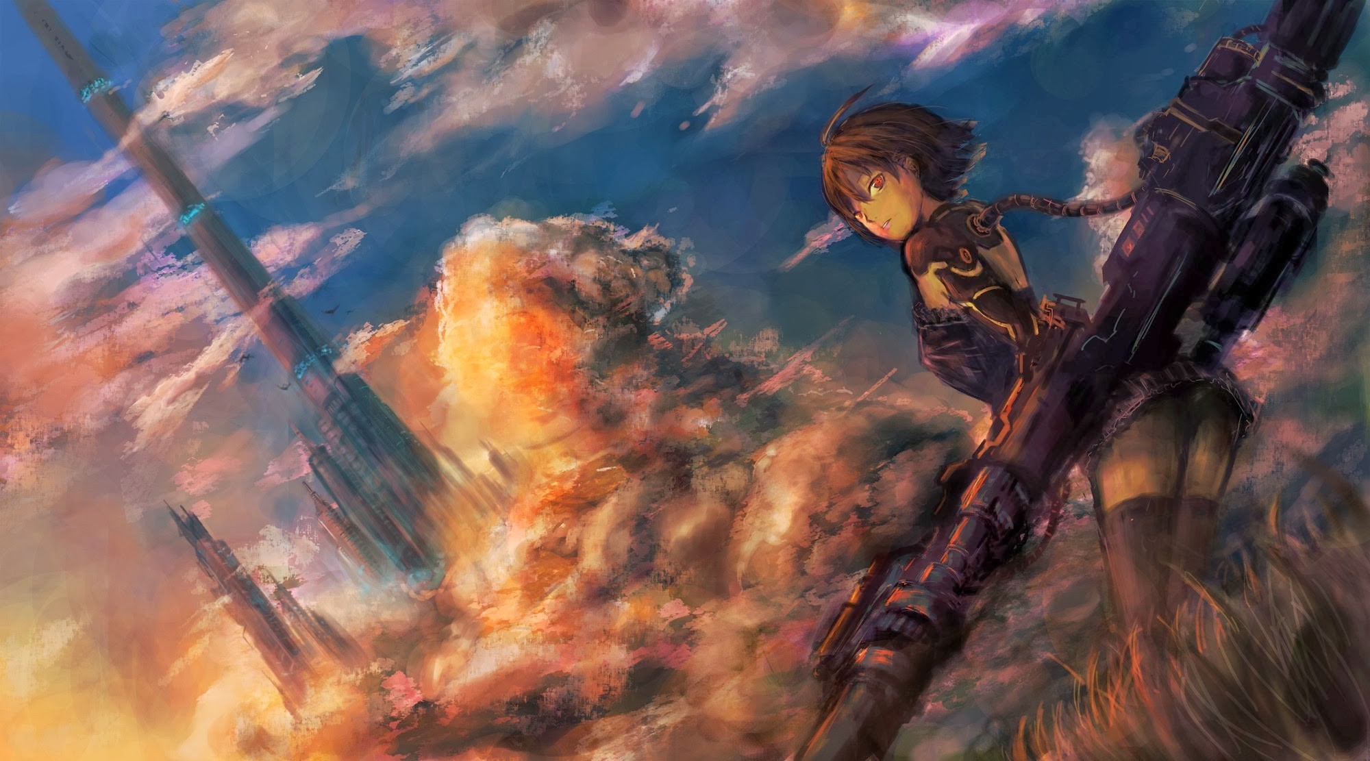 Anime 2000x1111 science fiction artwork anime girls anime brunette red eyes sky clouds