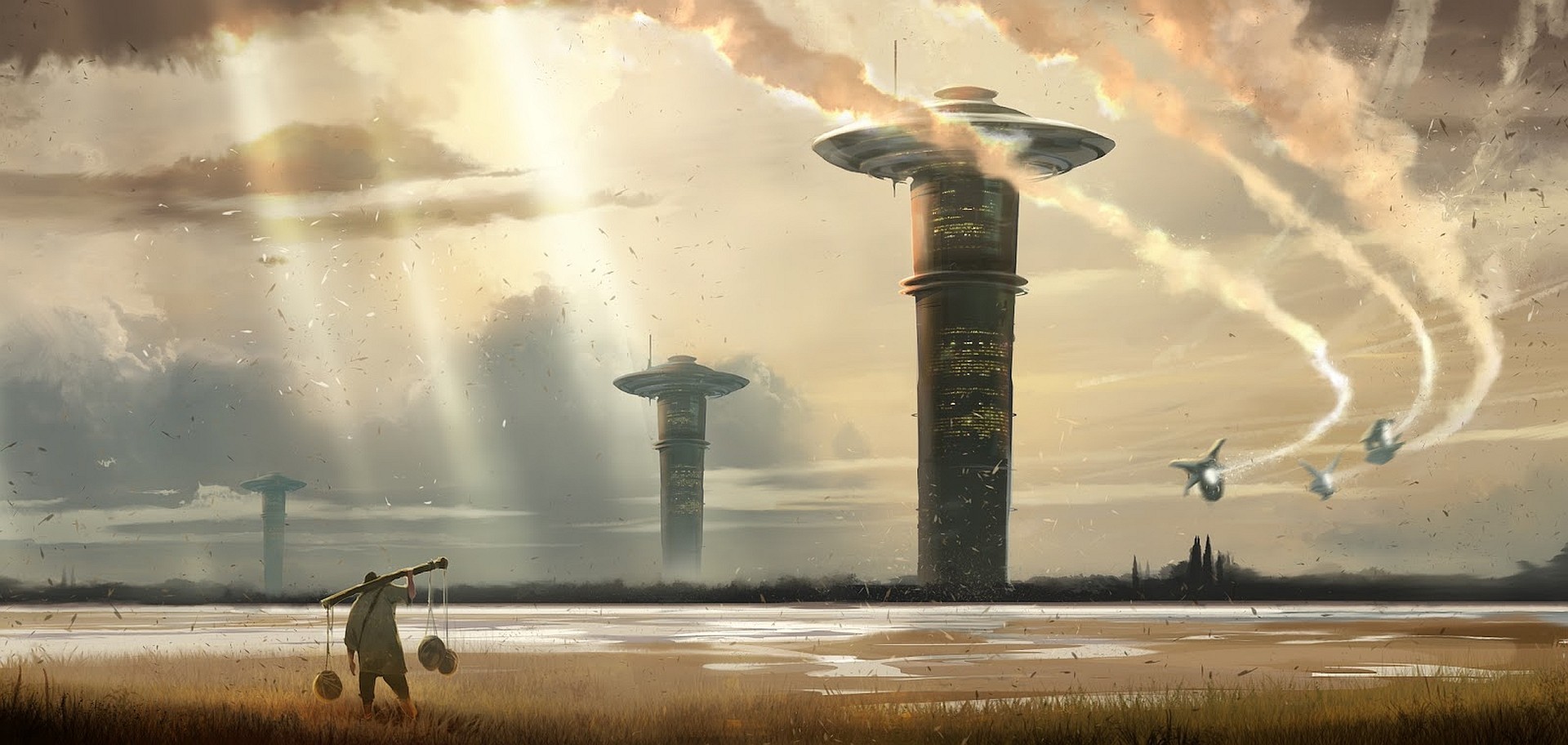 General 1920x912 science fiction artwork futuristic sky building vehicle sun rays sunlight landscape