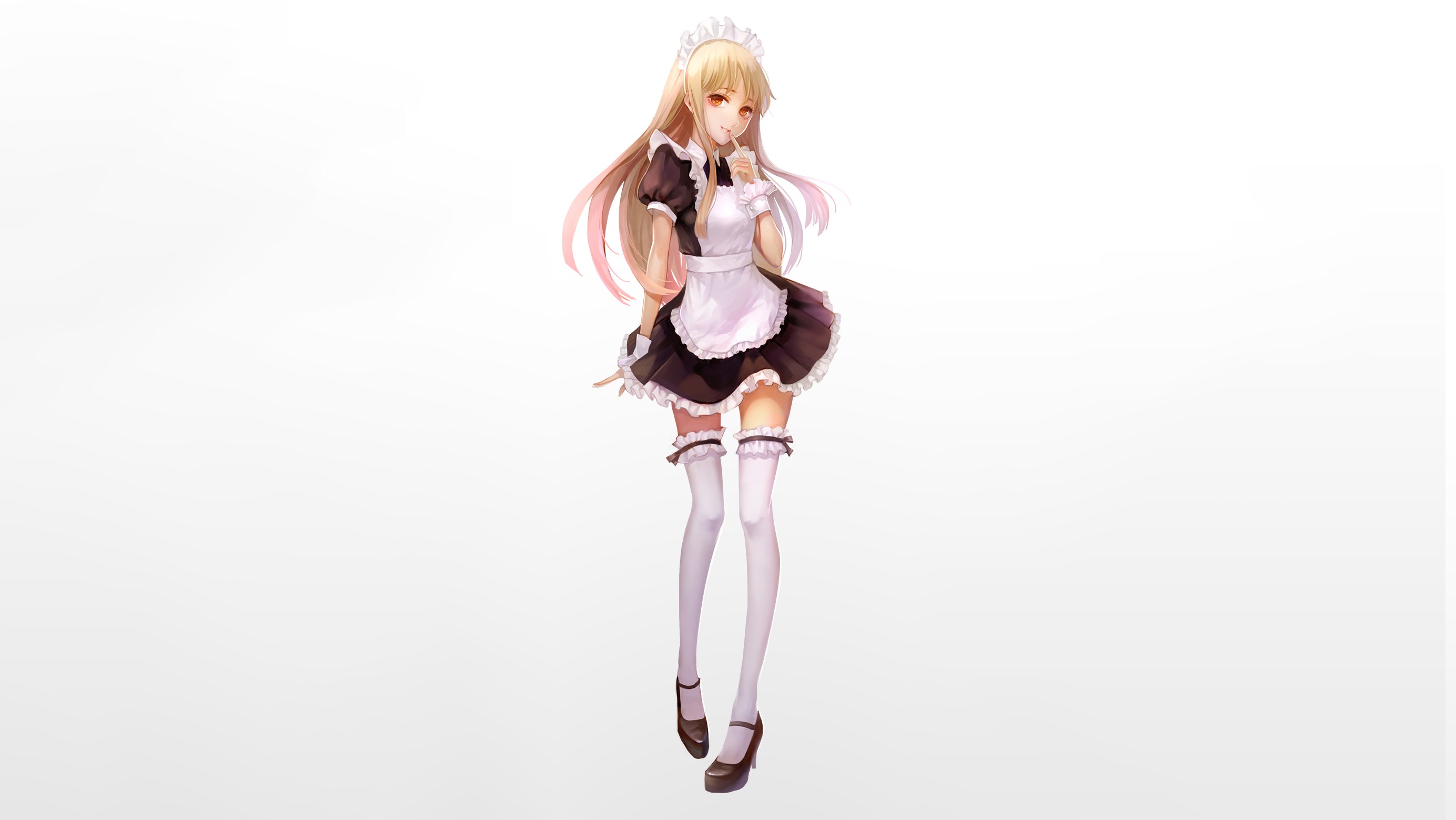 Anime 2768x1558 thigh-highs original characters anime maid outfit simple background white background blonde maid skinny red eyes looking at viewer standing