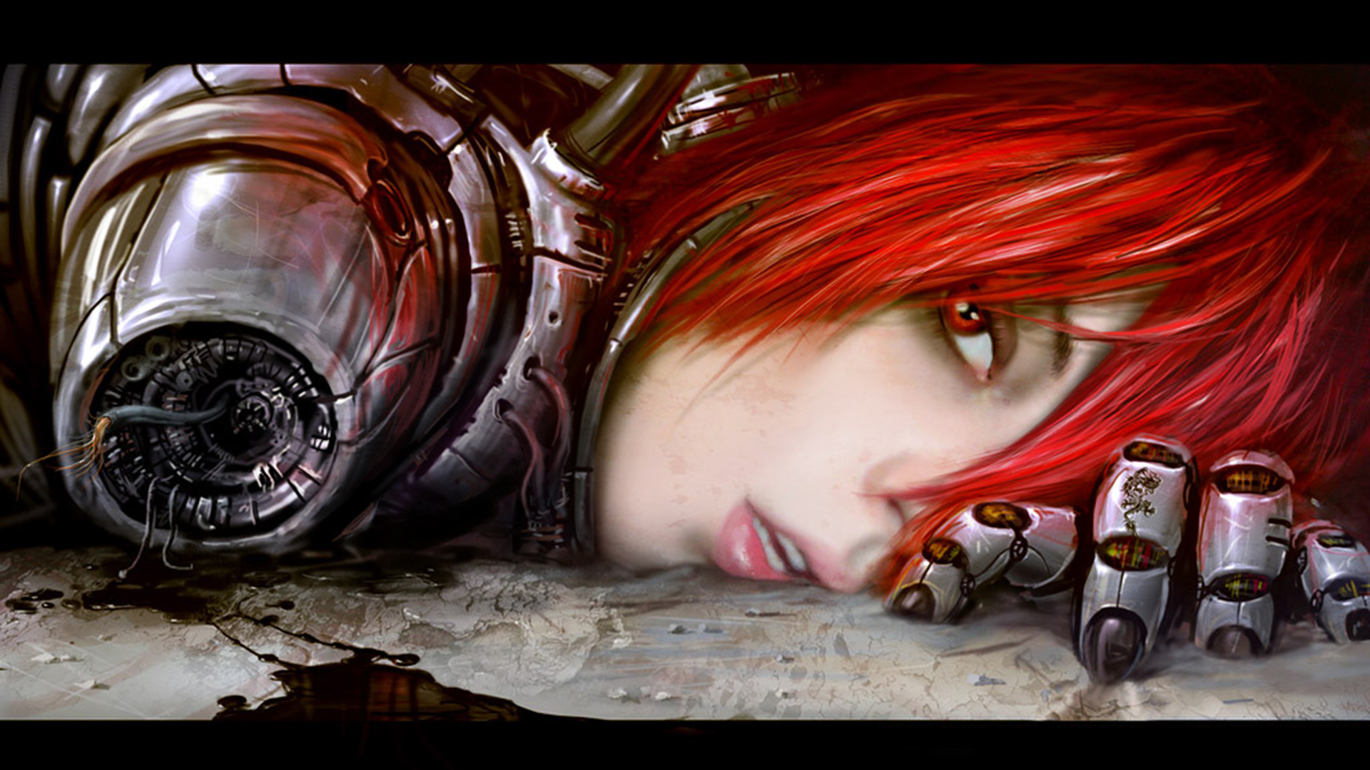 General 1920x1080 cyborg artwork face redhead red eyes science fiction science fiction women machine looking at viewer lying down pink lipstick