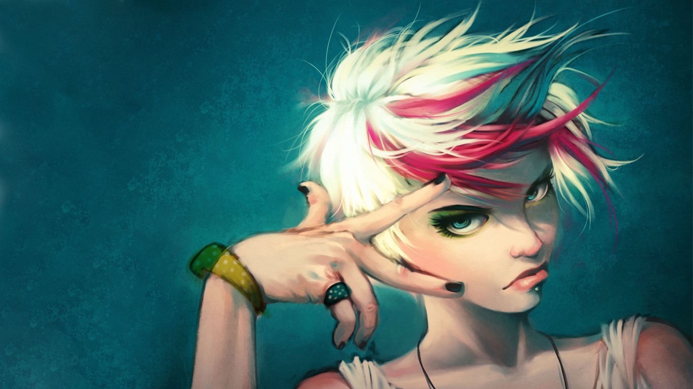 General 1366x768 women face artwork makeup dyed hair painted nails looking at viewer black nails simple background
