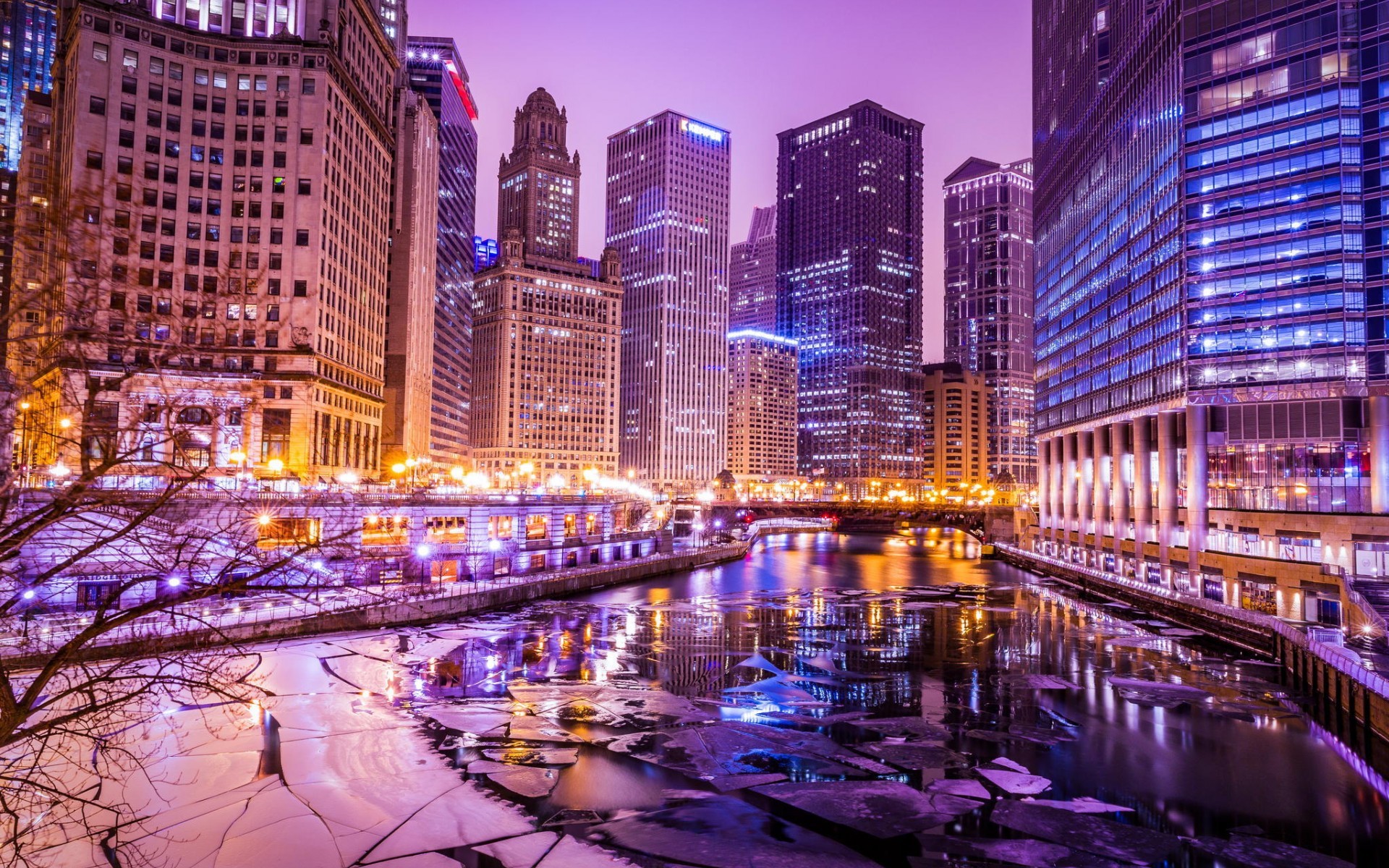 General 1920x1200 cityscape building HDR river ice lights Chicago USA