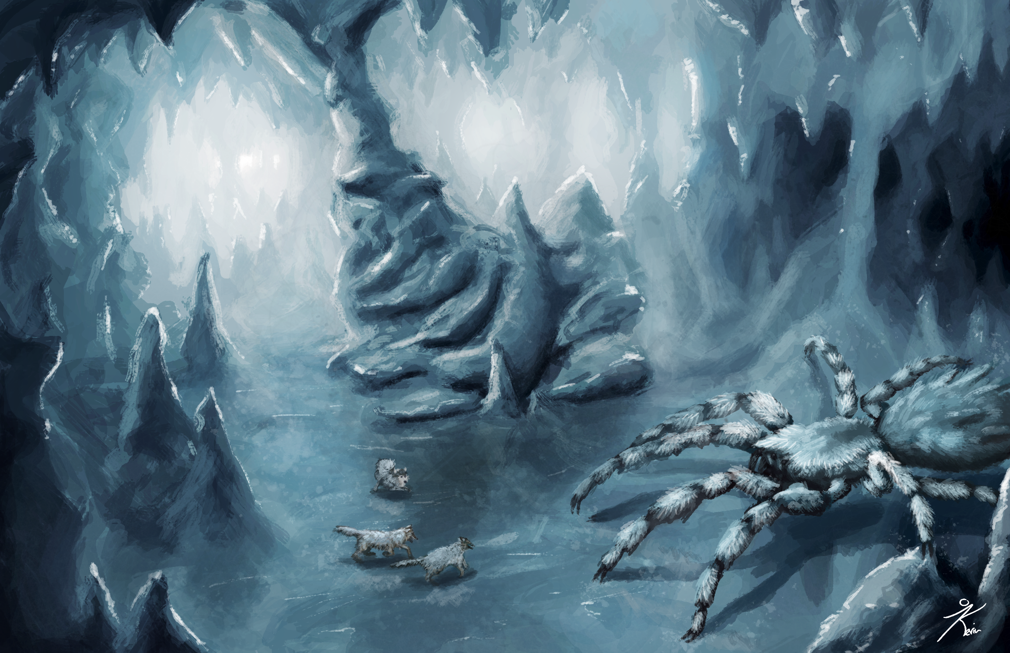 General 2040x1320 creature ice spider giant wolf cave blue drawing fantasy art Kev-Art digital art watermarked