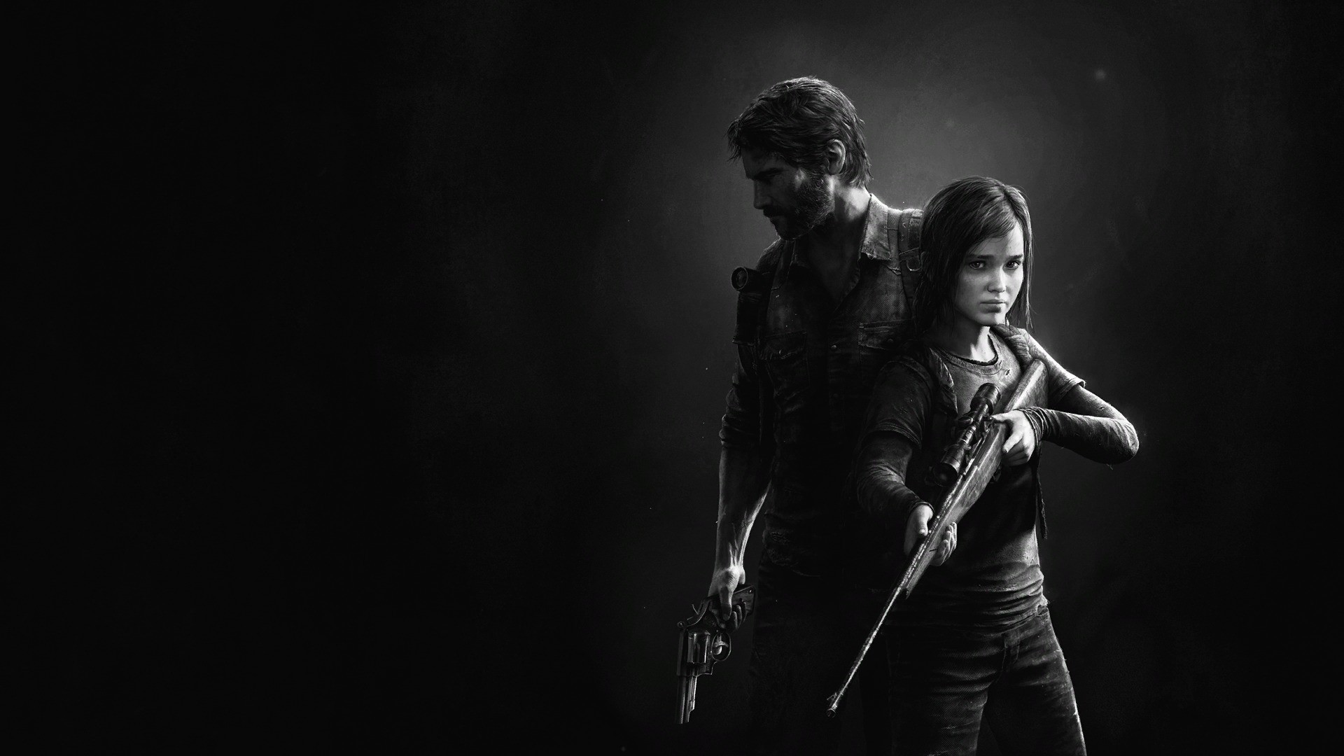 General 1920x1080 The Last of Us video games Joel Miller video game men video game girls girls with guns monochrome simple background Ellie Williams video game characters rifles revolver