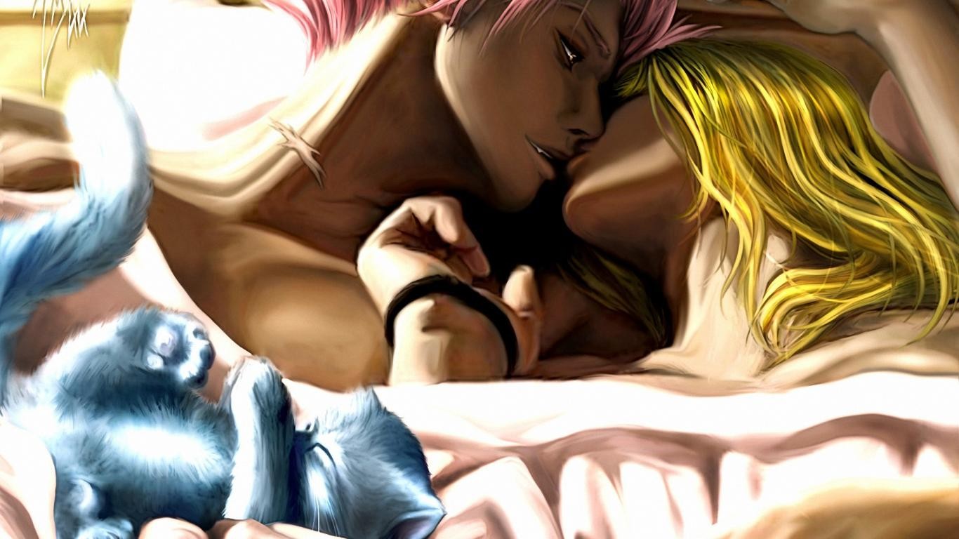 Anime 1366x768 Fairy Tail Heartfilia Lucy  Dragneel Natsu anime girls anime boys artwork cats women men pink hair blonde kissing couple love