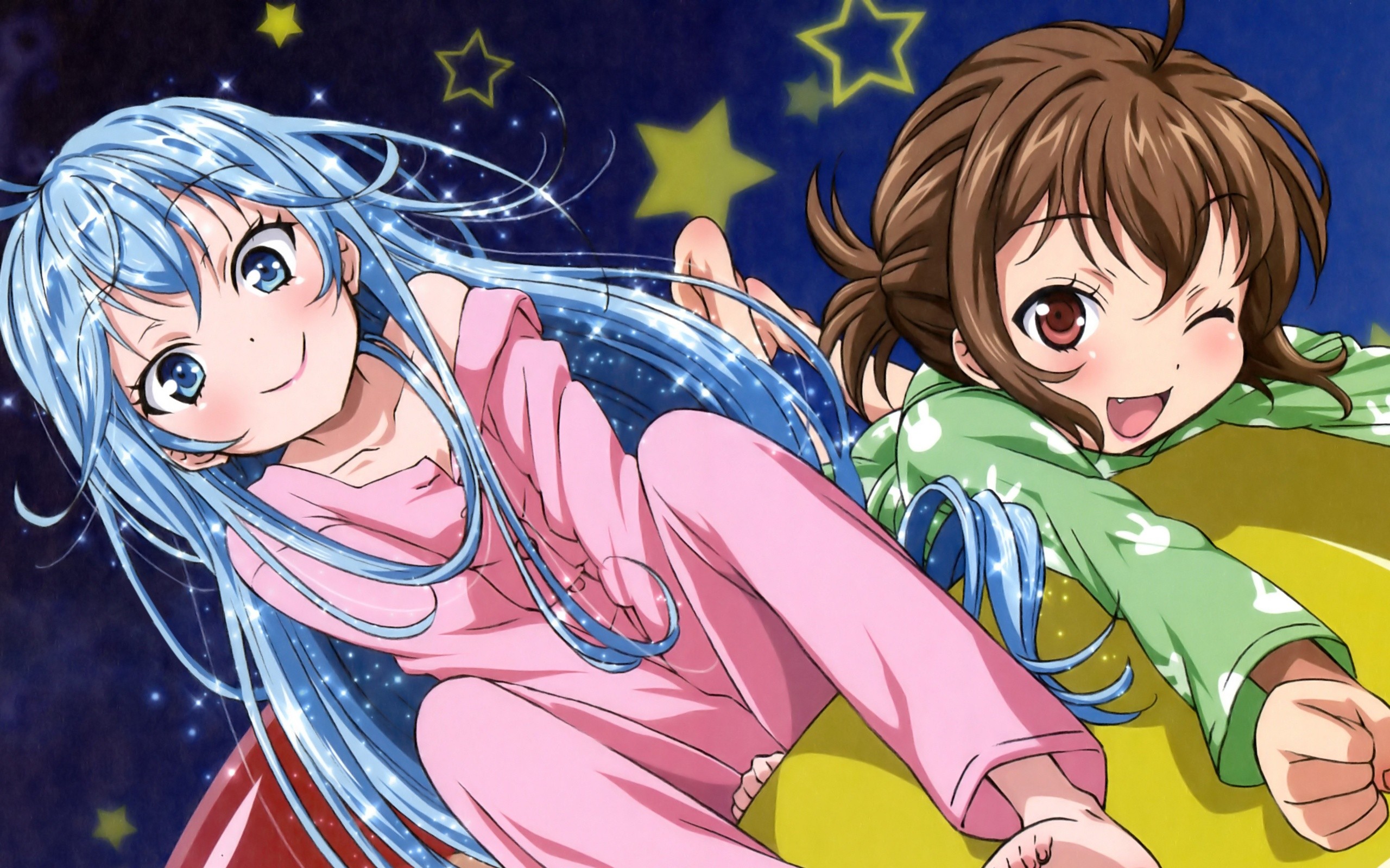 Anime 2560x1600 stars anime girls anime Denpa Onna To Seishun Otoko two women smiling blue eyes one eye closed red eyes brunette blue hair