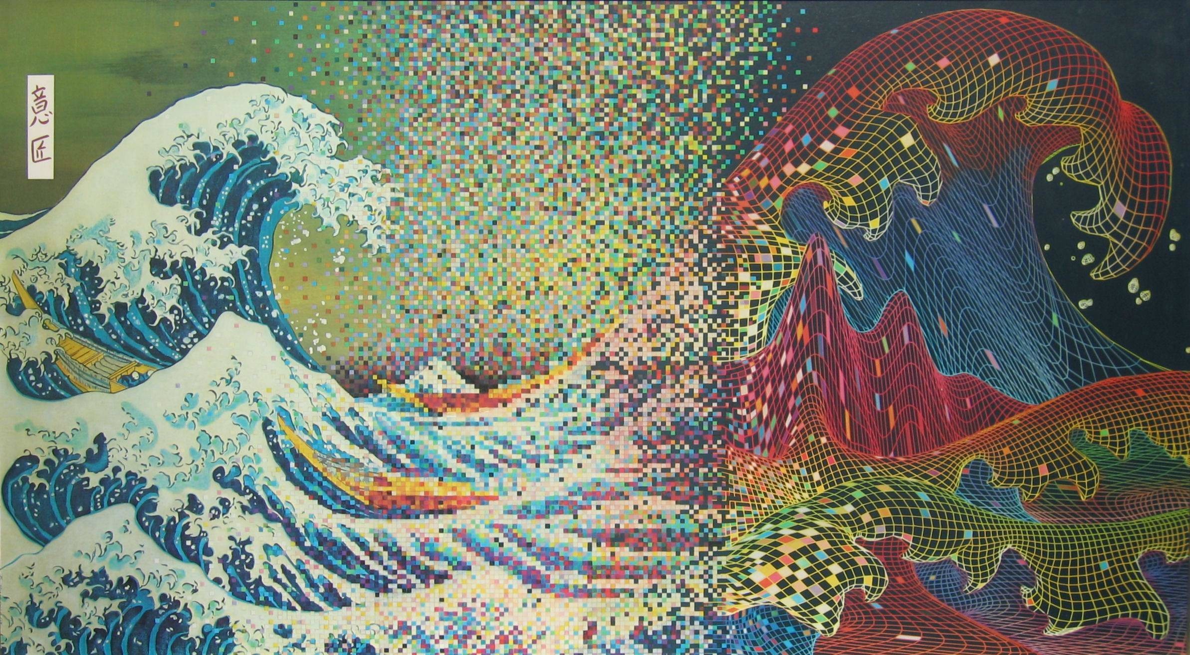 General 2385x1314 waves The Great Wave of Kanagawa pixels pixel art digital art