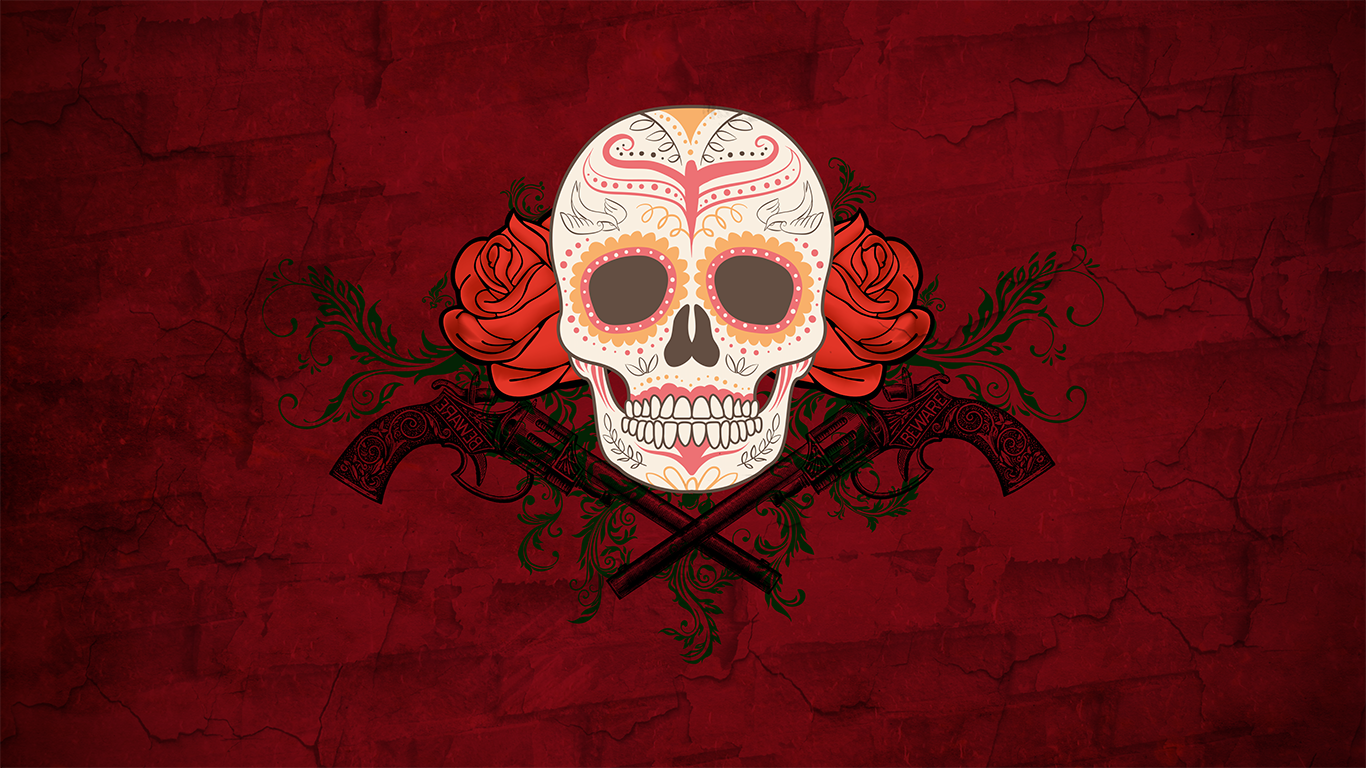 General 1366x768 Dia de los Muertos flowers rose artwork skull gun revolver red background plants weapon Sugar Skull