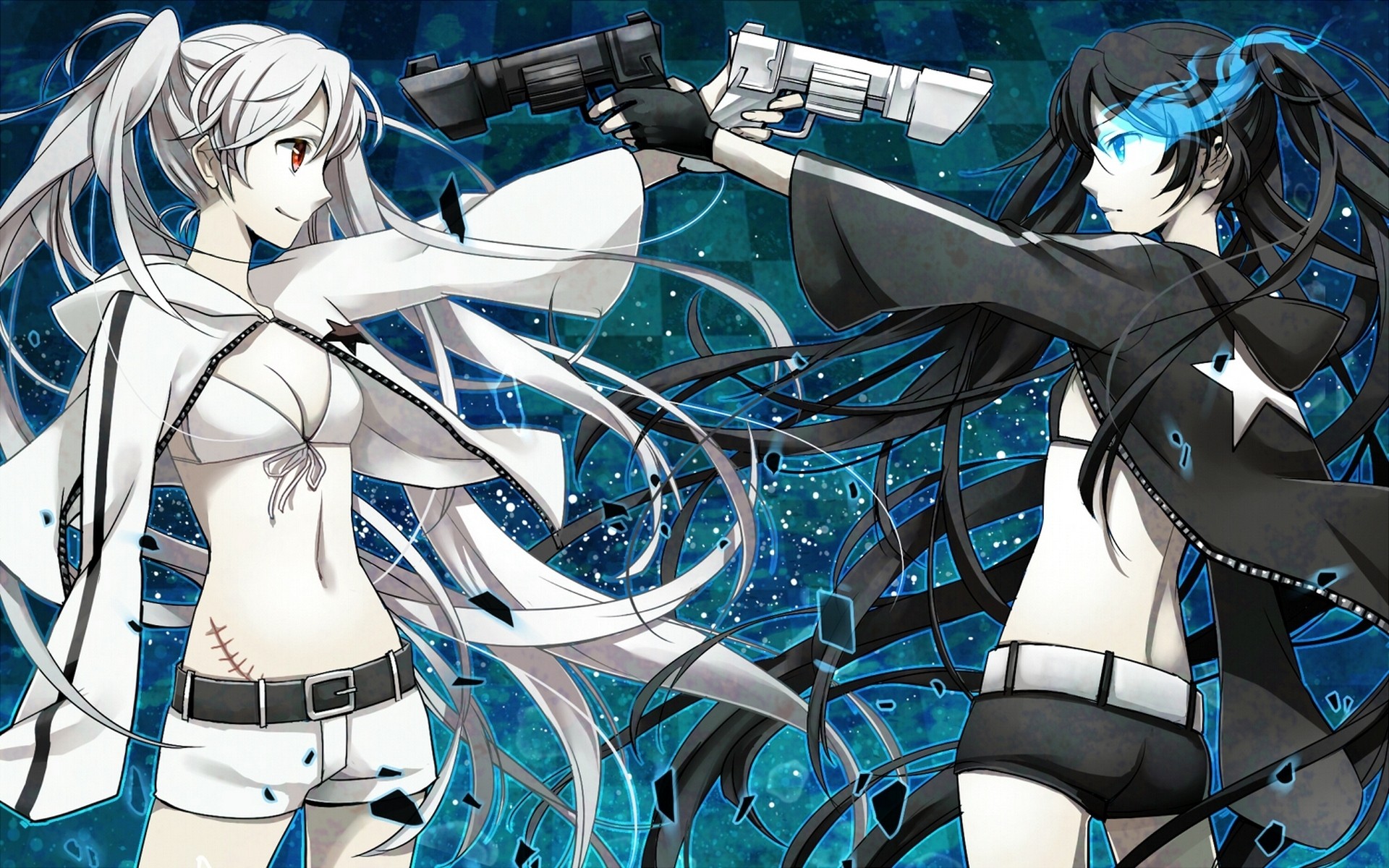 Anime 1920x1200 Black Rock Shooter anime girls anime White Rock Shooter gun women two women girls with guns belly red eyes blue eyes weapon anime girls with guns