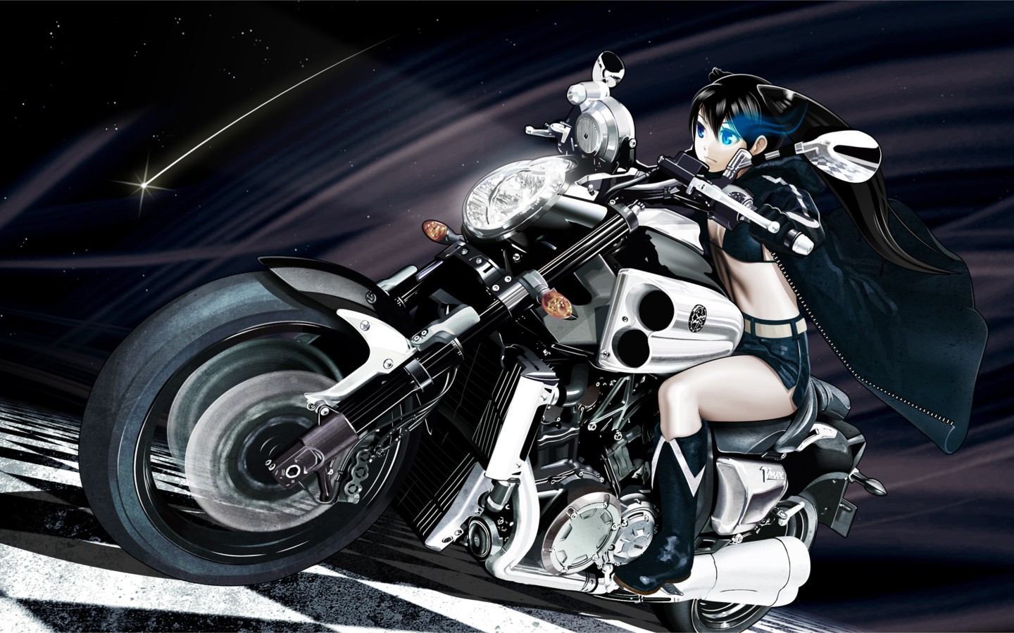 Anime 1440x900 Black Rock Shooter anime girls anime Strength (Black Rock Shooter) motorcycle vehicle women with motorcycles blue eyes dark hair