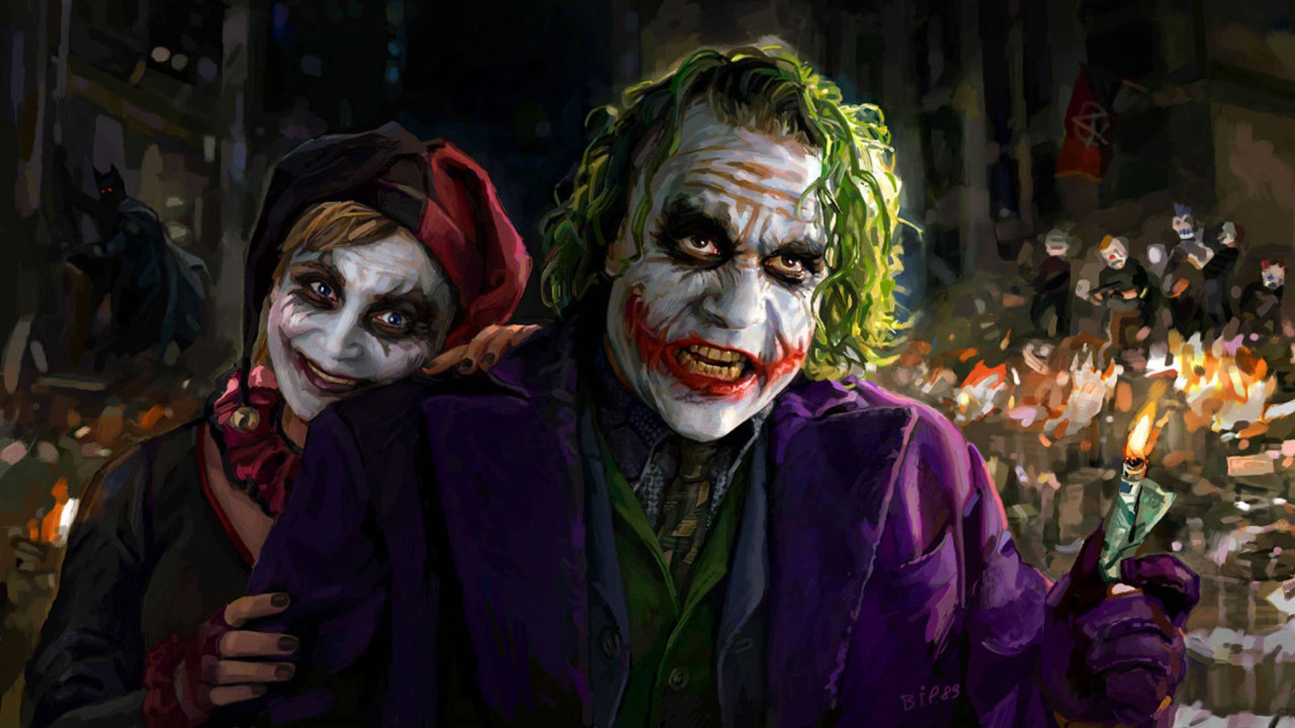 General 2560x1440 Batman Heath Ledger Harley Quinn movies artwork Joker money burning digital art