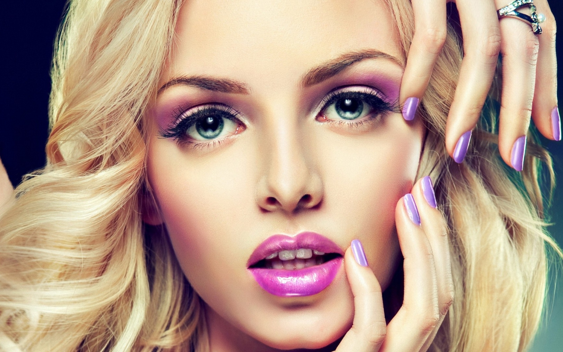 People 1920x1200 women model face closeup portrait open mouth makeup purple nails purple lipstick painted nails lipstick looking at viewer fingers rings women indoors studio blue background blonde
