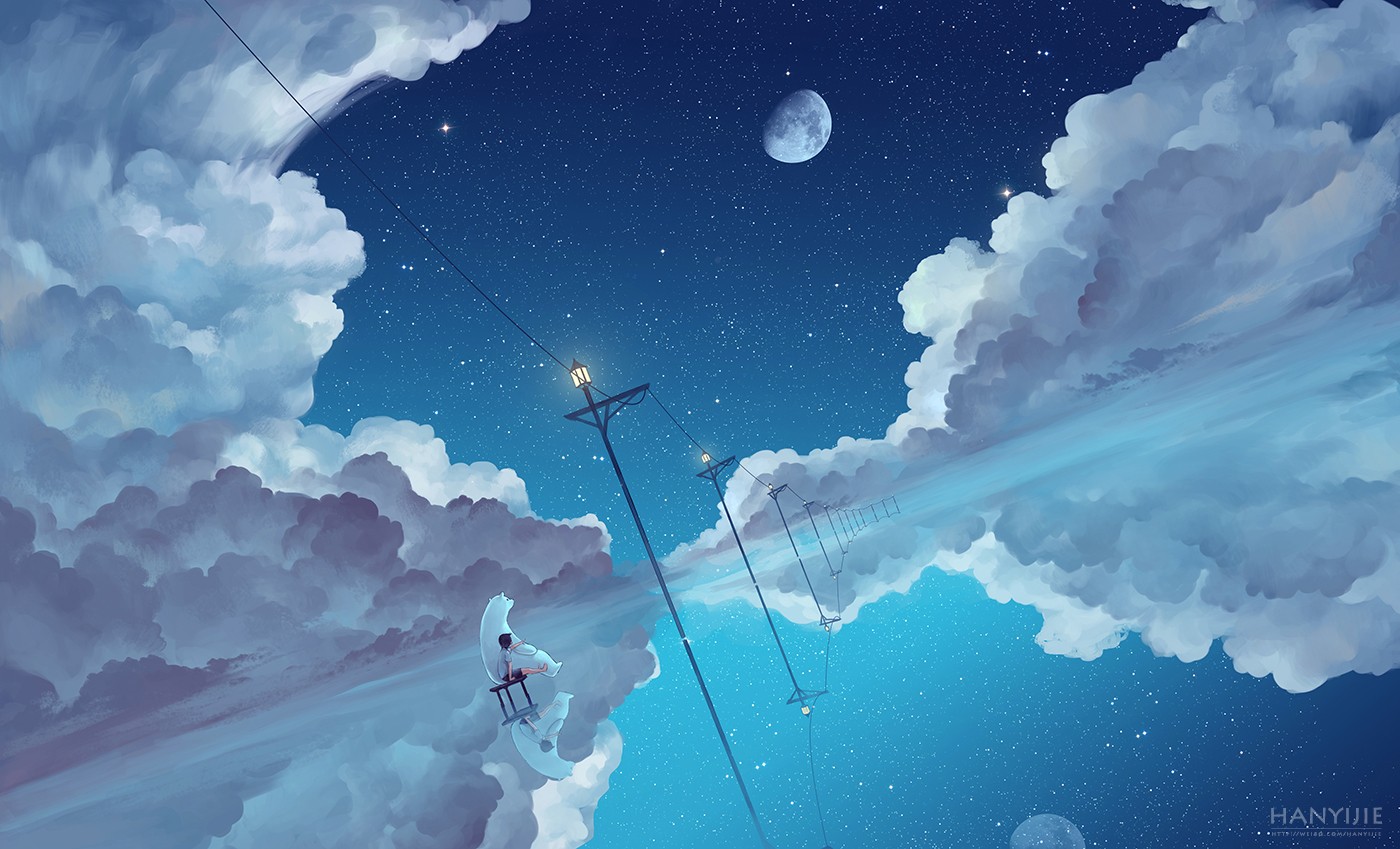 Anime 1400x849 anime clouds sky night Moon blue