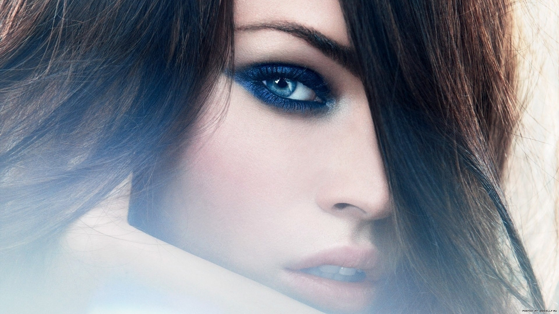 People 1920x1080 eyes blue eyes closeup sensual gaze women brunette face makeup Megan Fox actress celebrity looking at viewer